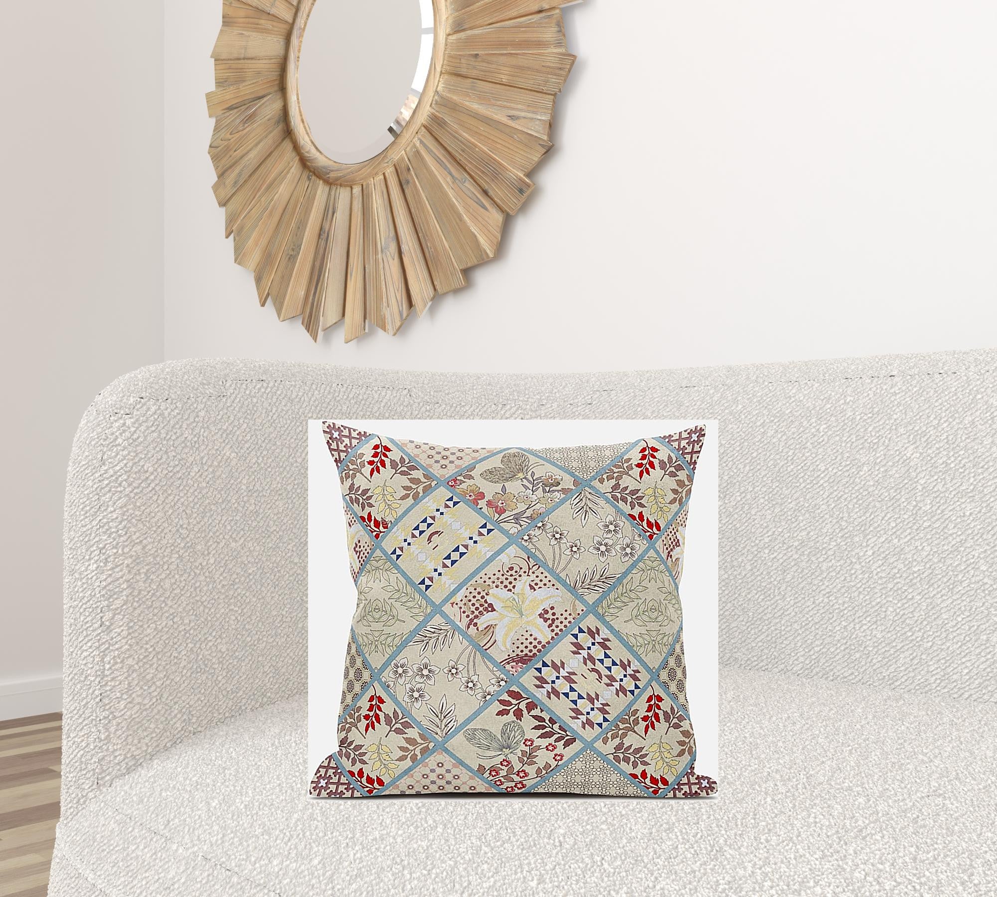18” Cream Red Patch Suede Zippered Throw Pillow