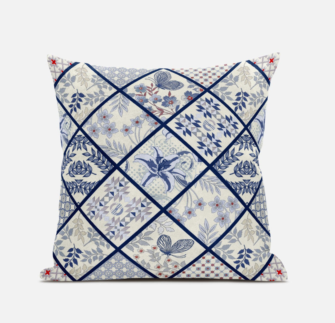 20” White Navy Patch Suede Zippered Throw Pillow