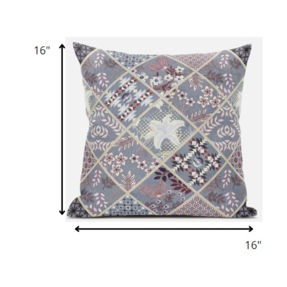 16” Gray Pink Patch Suede Zippered Throw Pillow