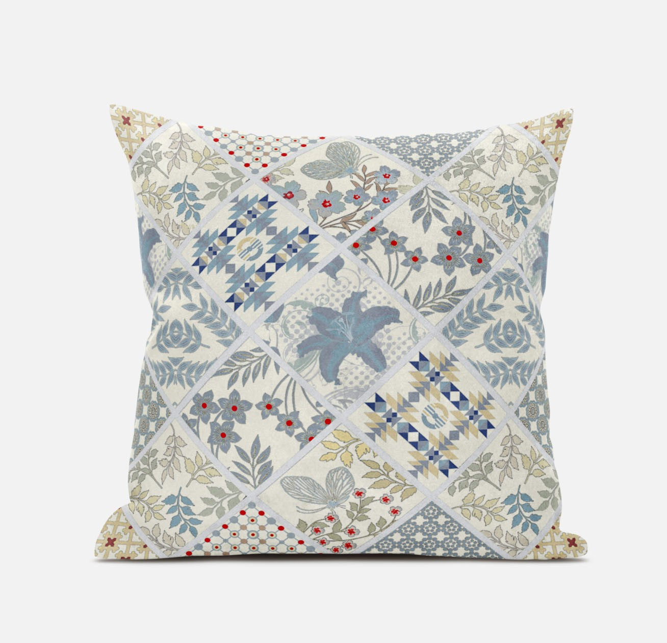 Cojín de gamuza con parche azul blanco de 16 "con cremallera