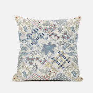 18” White Blue Patch Suede Zippered Throw Pillow