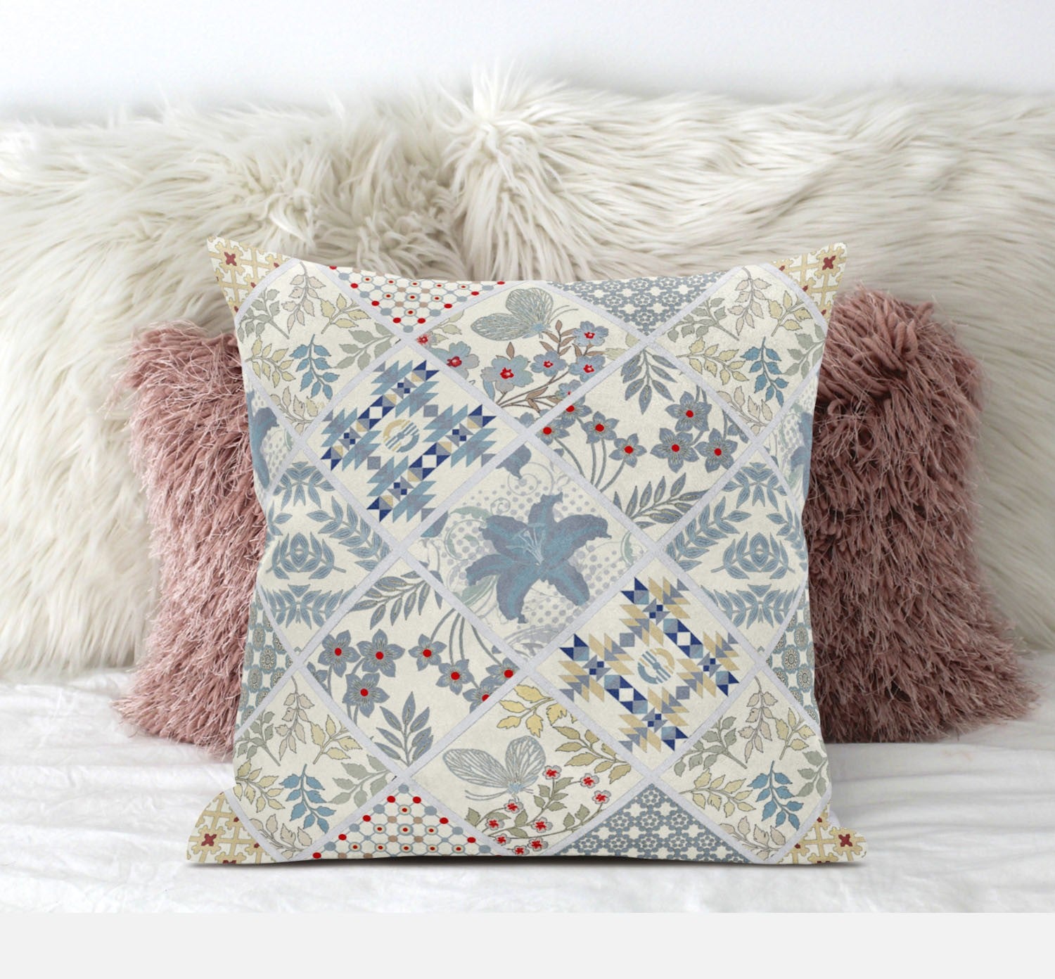 18” White Blue Patch Suede Zippered Throw Pillow