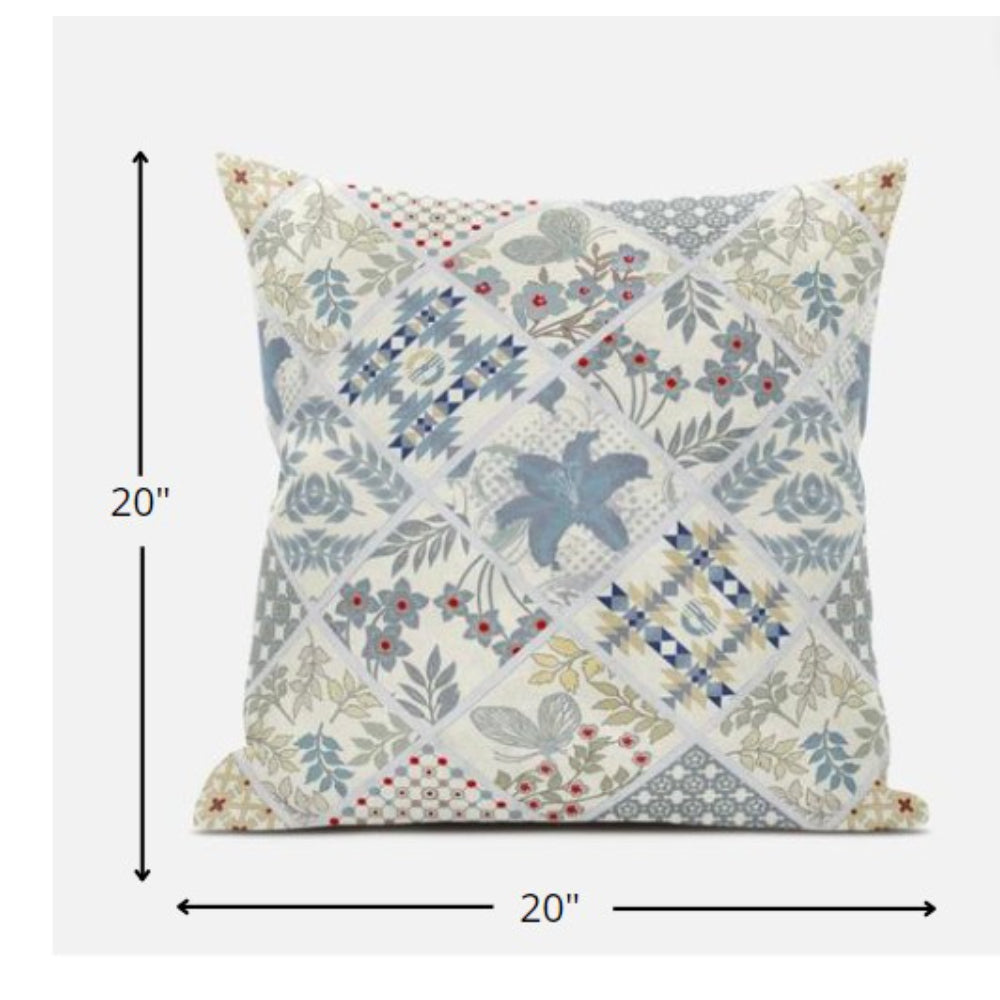 18” White Blue Patch Suede Zippered Throw Pillow