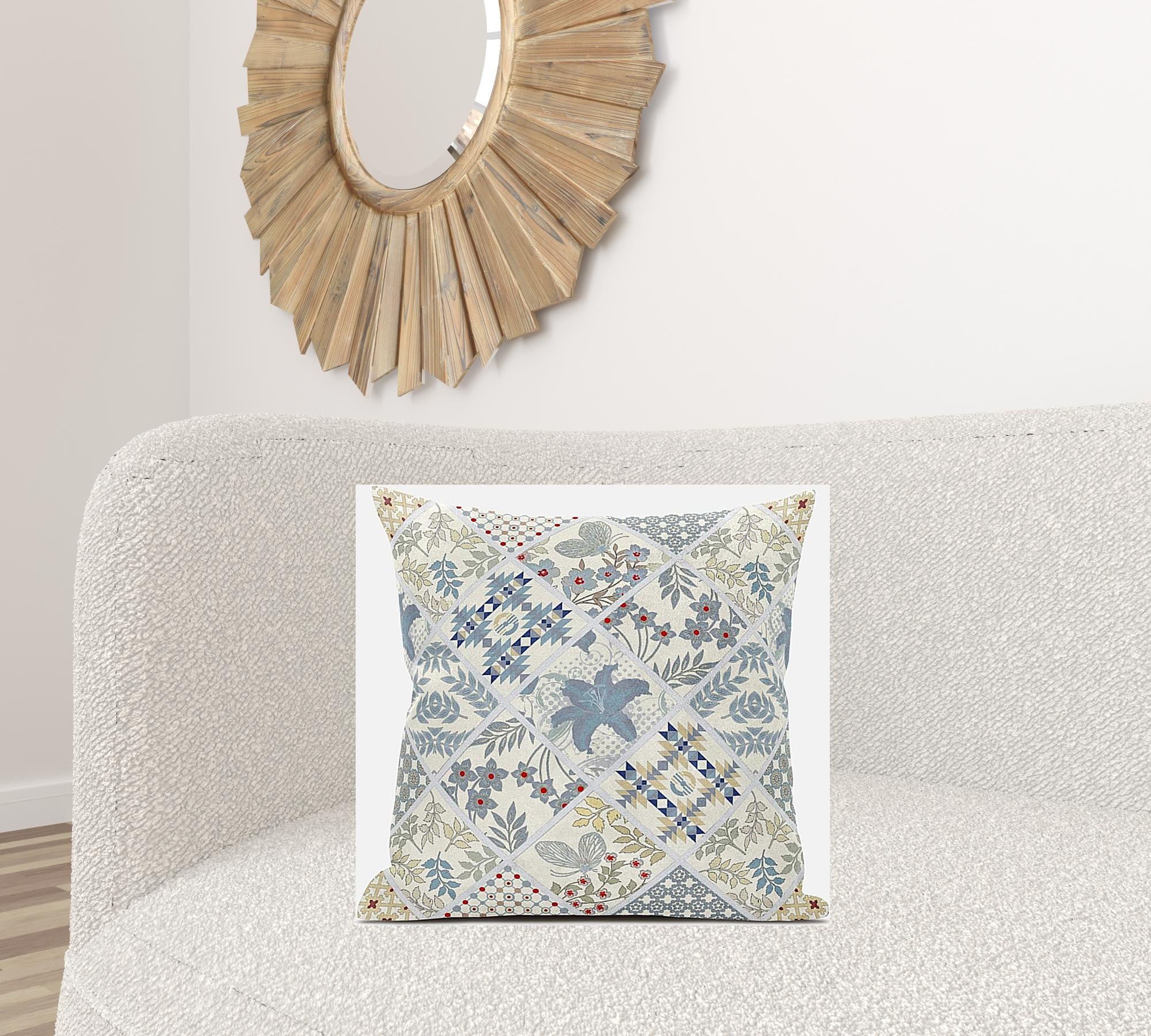 18” White Blue Patch Suede Zippered Throw Pillow