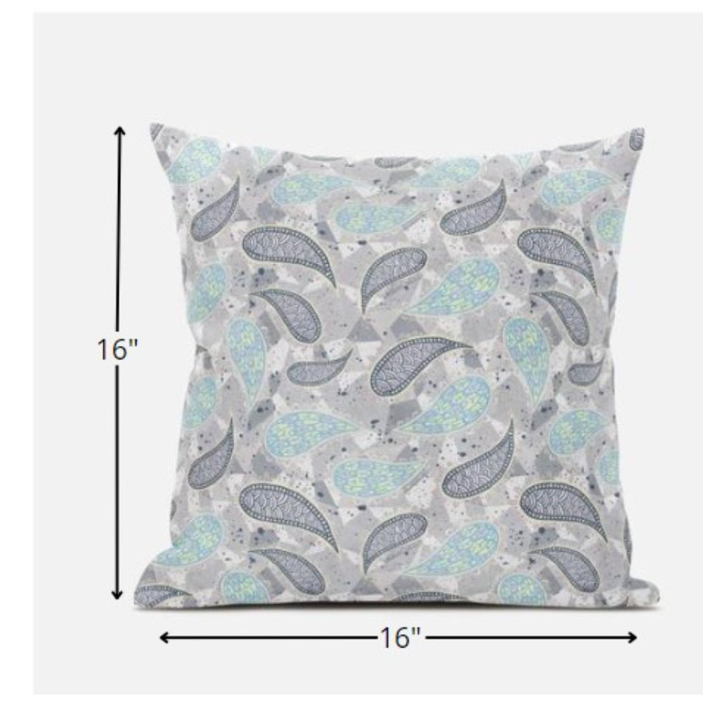 Cojín de gamuza con cremallera Boho Paisley gris turquesa de 16 "
