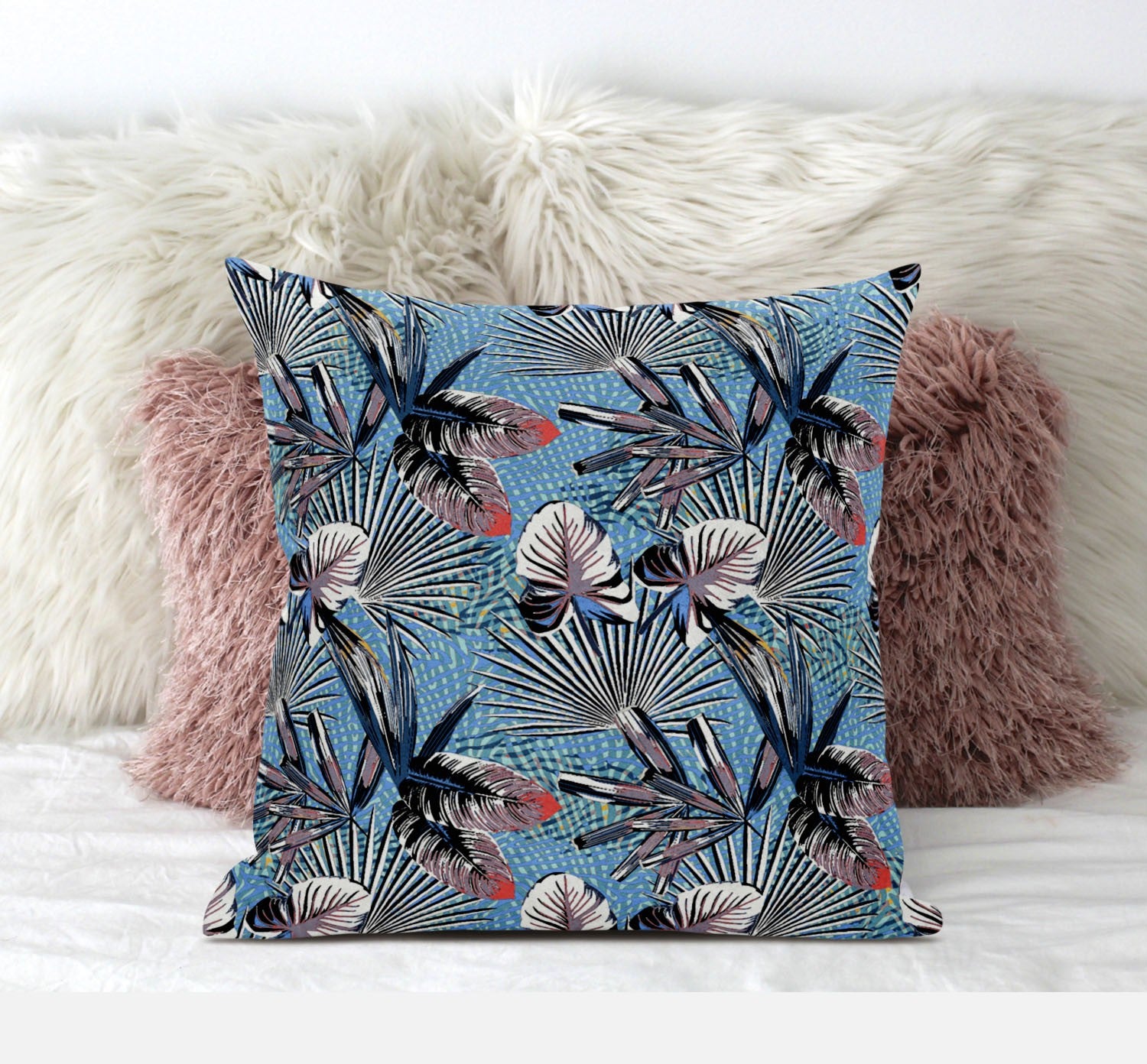 18” Black Blue Tropical Zippered Suede Throw Pillow