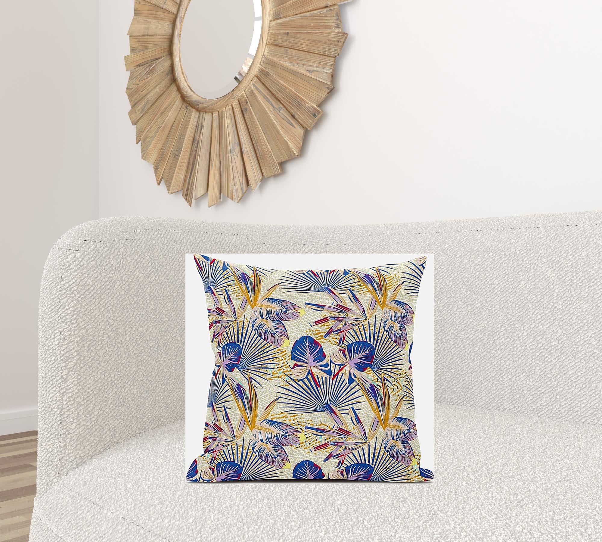 18” Blue Cream Tropical Zippered Suede Throw Pillow