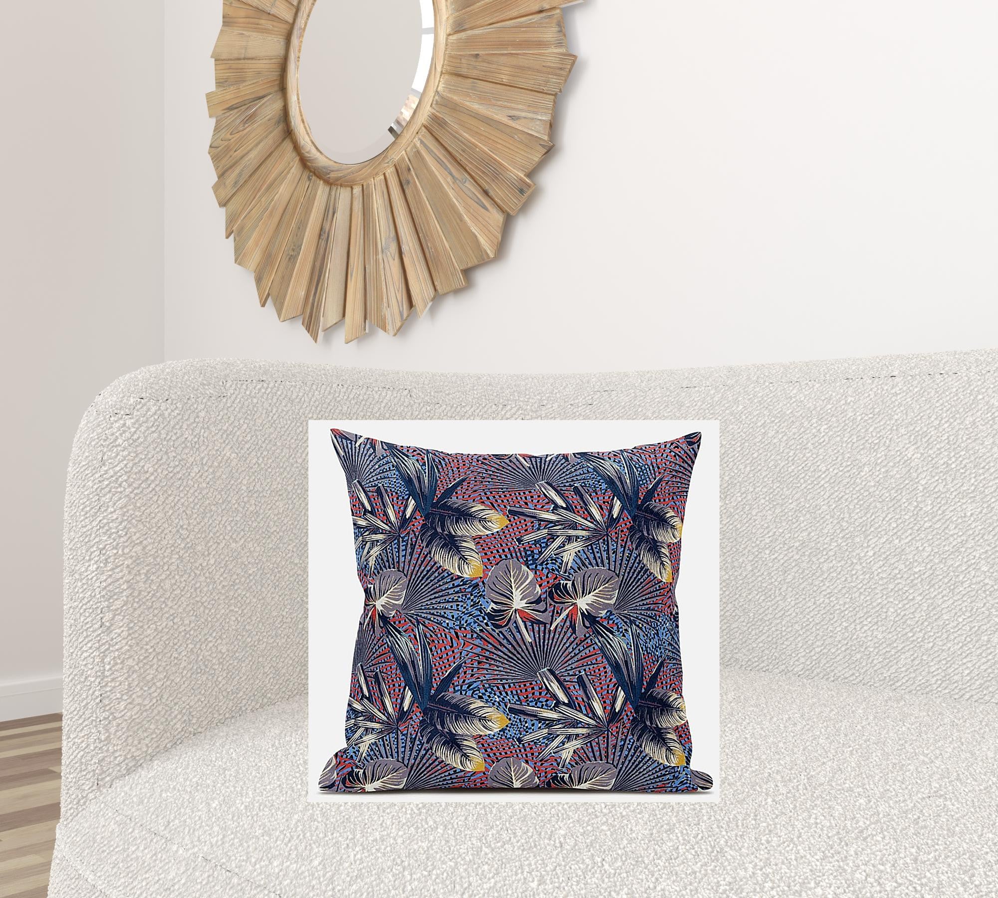 18” Indigo Red Tropical Zippered Suede Throw Pillow