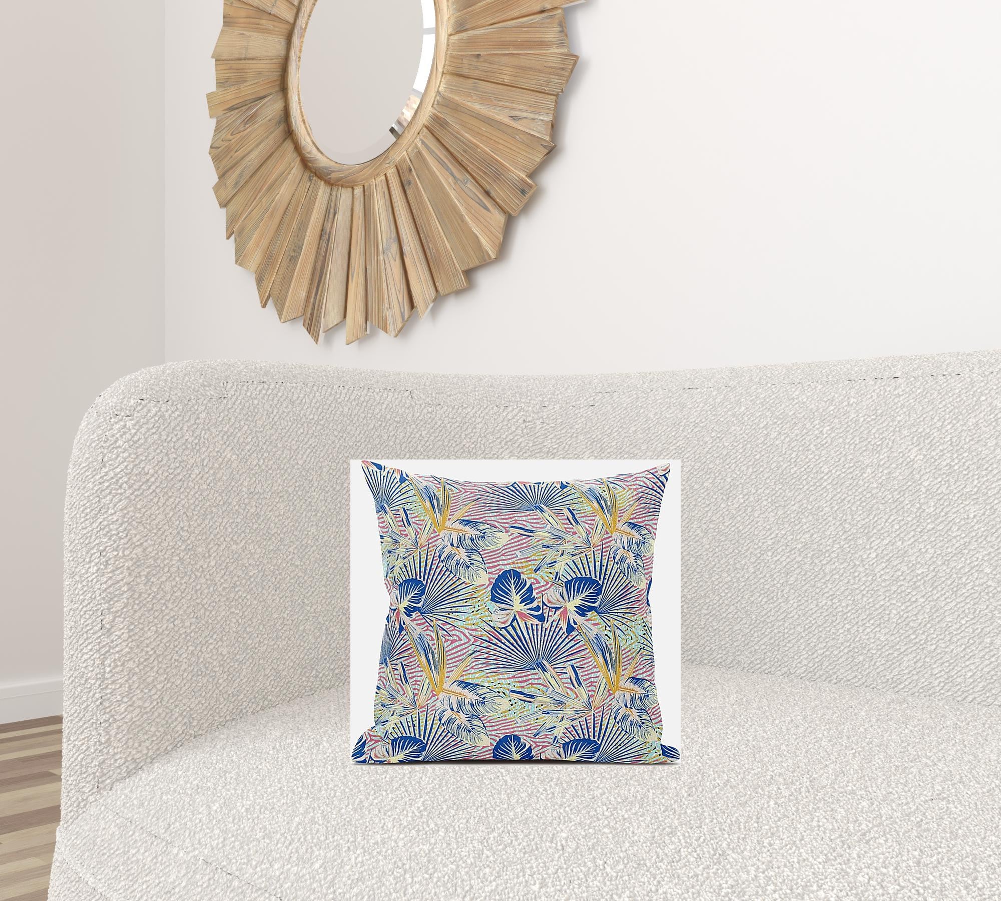 16” Blue Pink Tropical Zippered Suede Throw Pillow