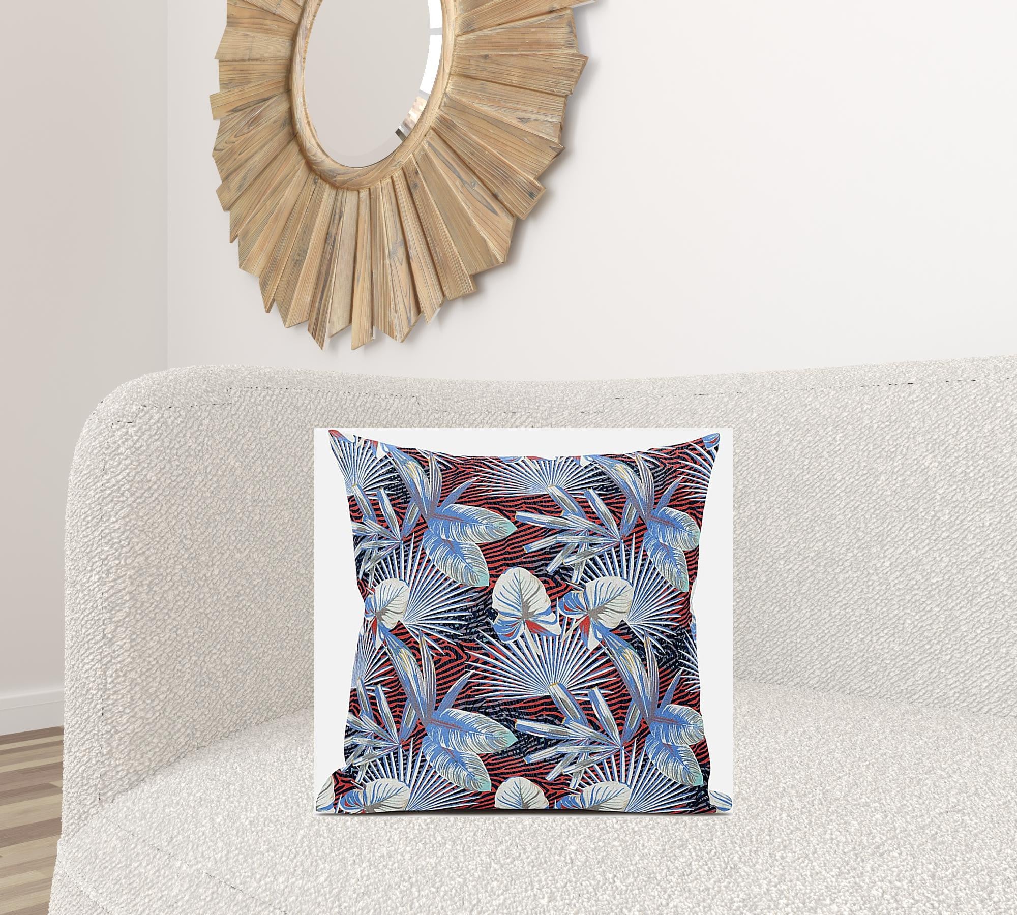 18” Blue Red Tropical Zippered Suede Throw Pillow