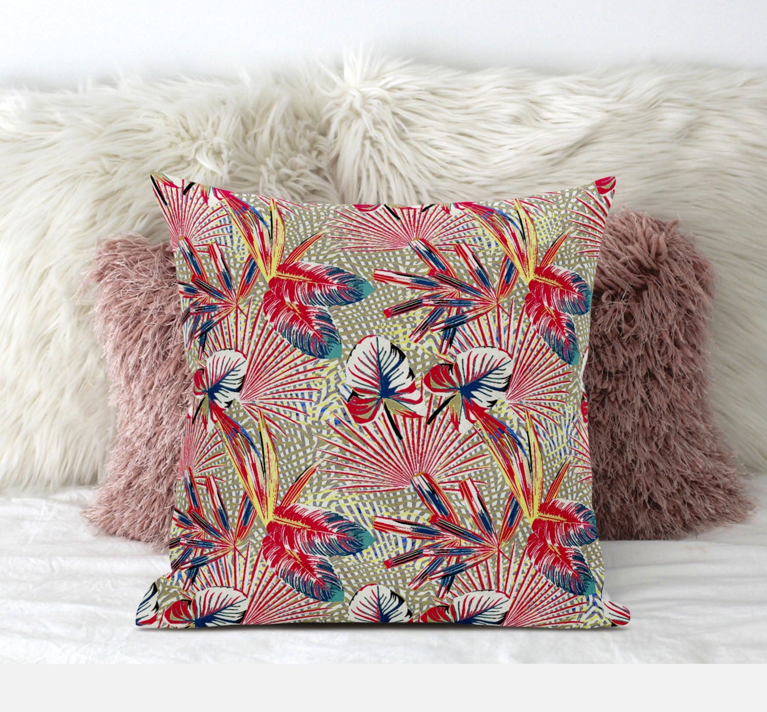 Cojín de gamuza tropical rojo dorado con cremallera de 18 "