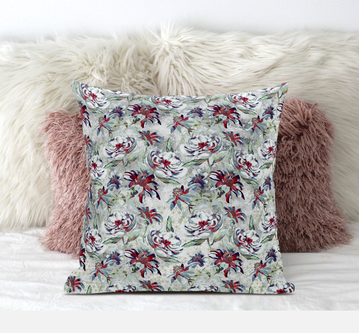 16" Light Green Magenta Roses Zippered Suede Throw Pillow