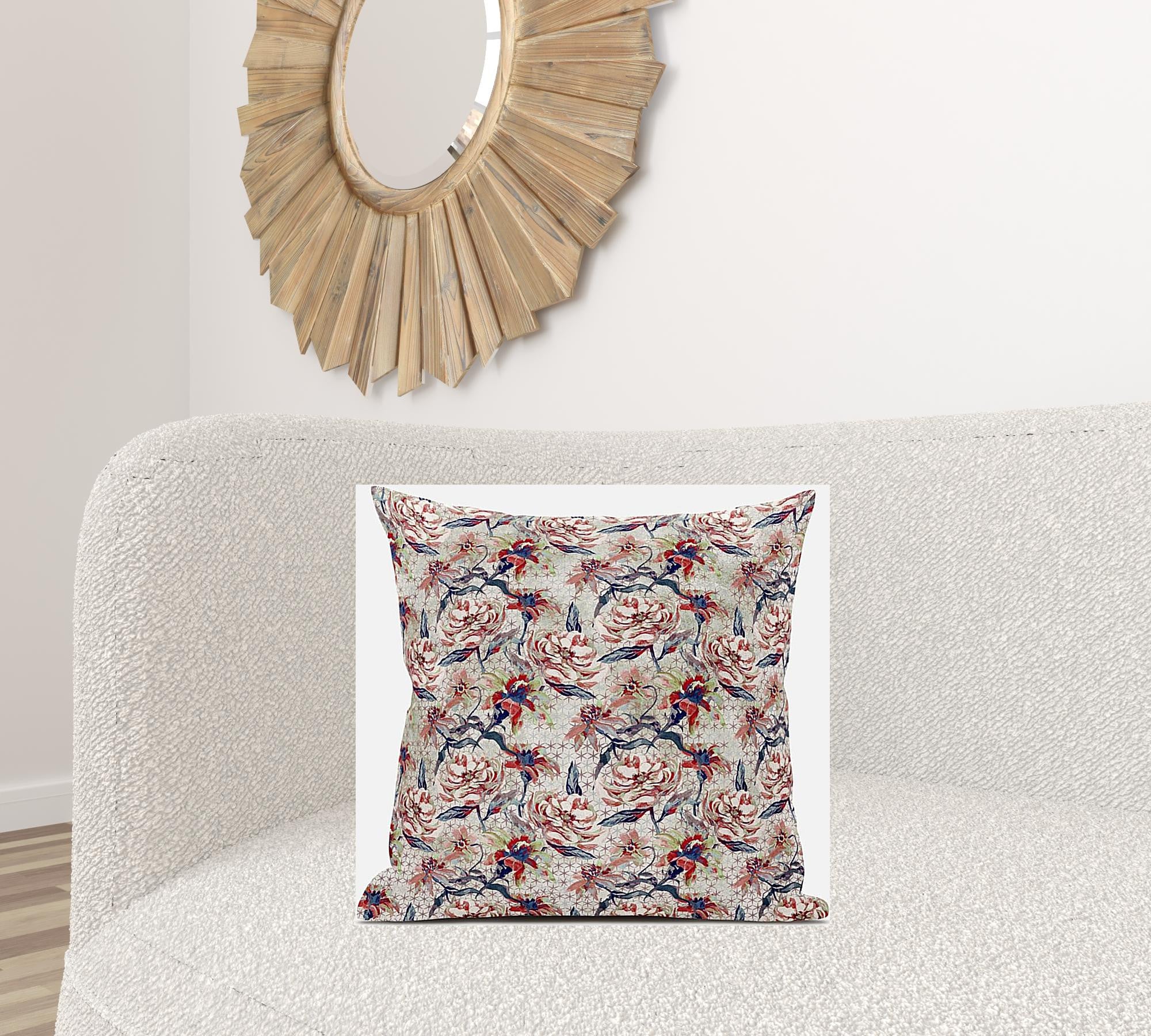 18" Red Light Indigo Roses Zippered Suede Throw Pillow