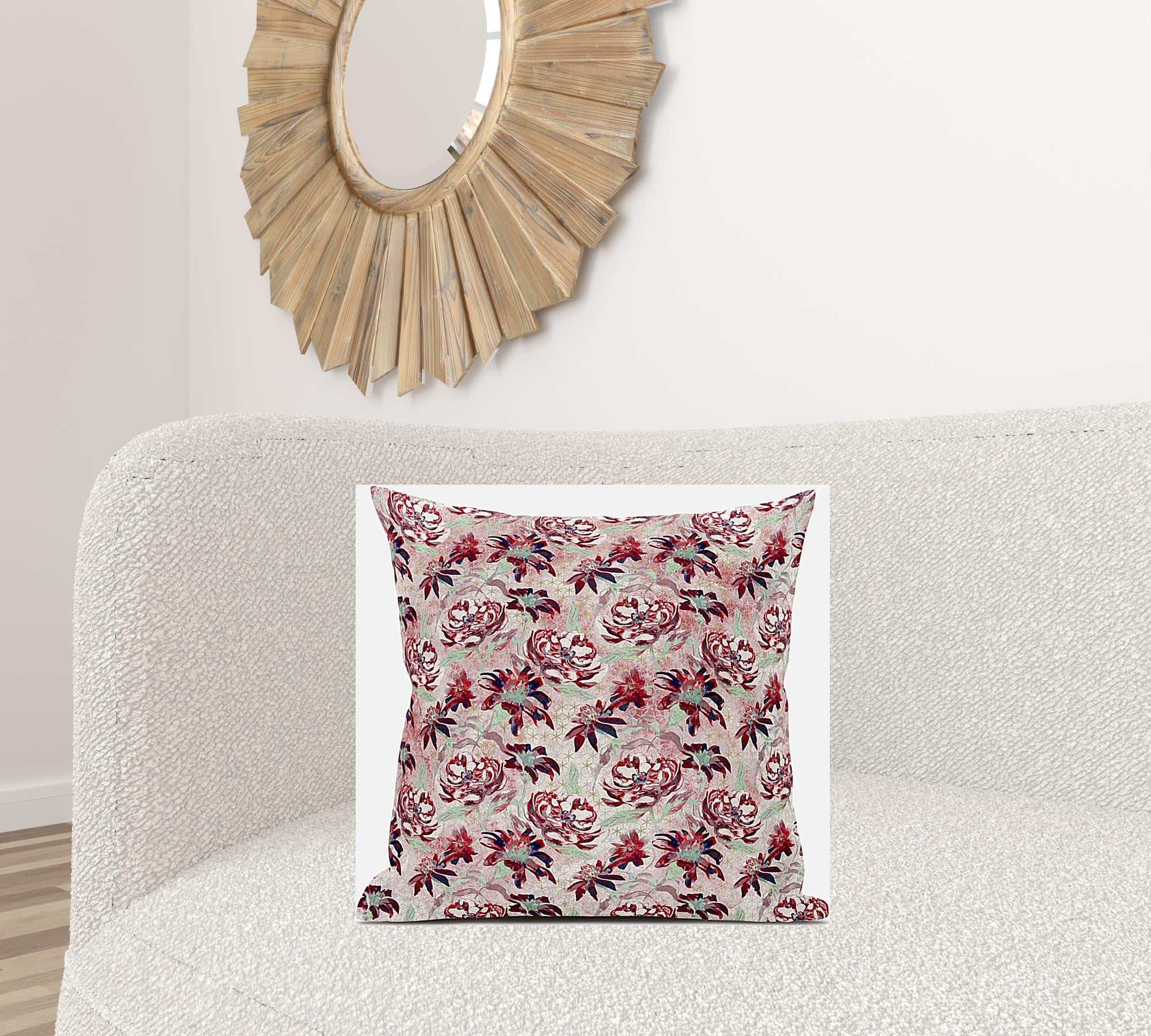 18" Red White Roses Zippered Suede Throw Pillow