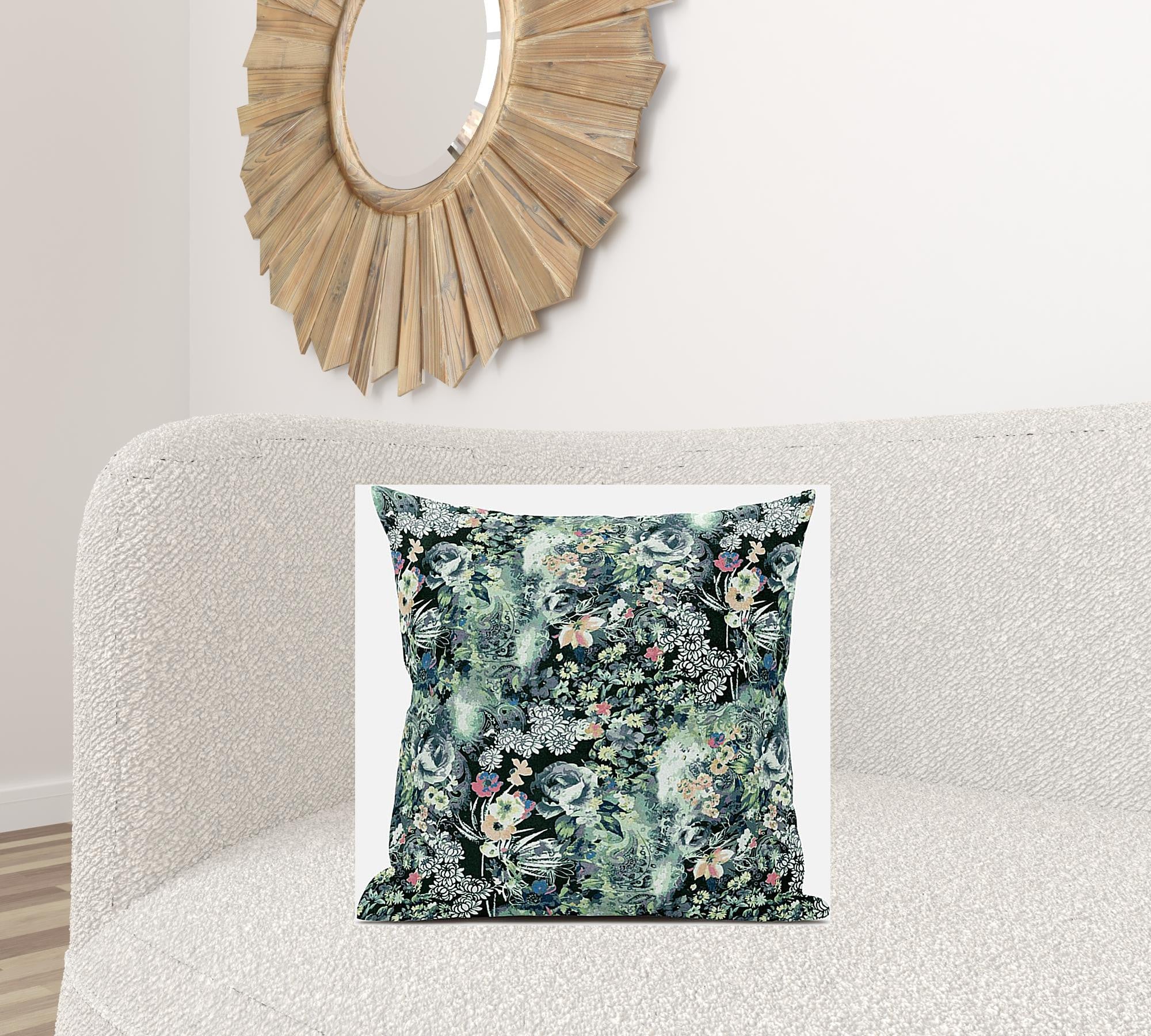 18" Green Black Springtime Zippered Suede Throw Pillow