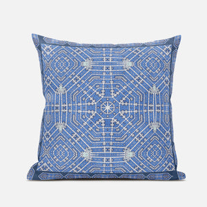 16” Blue White Geostar Zippered Suede Throw Pillow