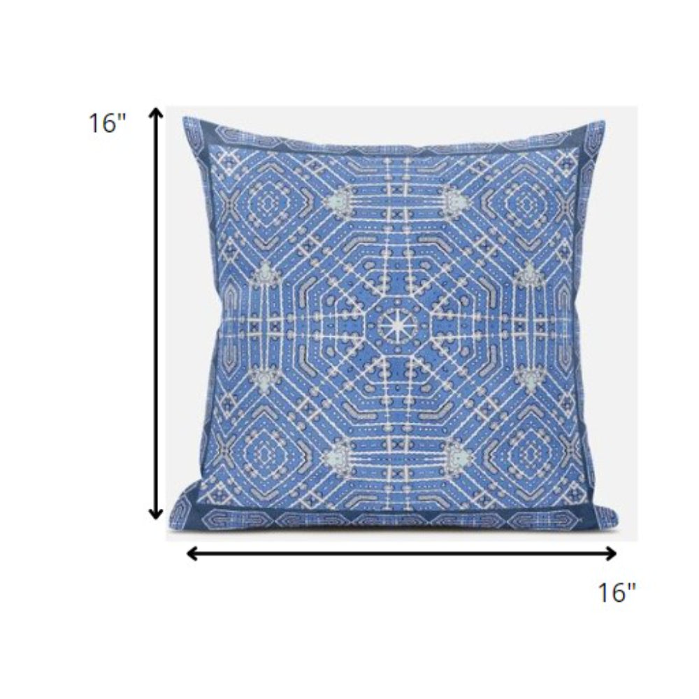 16” Blue White Geostar Zippered Suede Throw Pillow