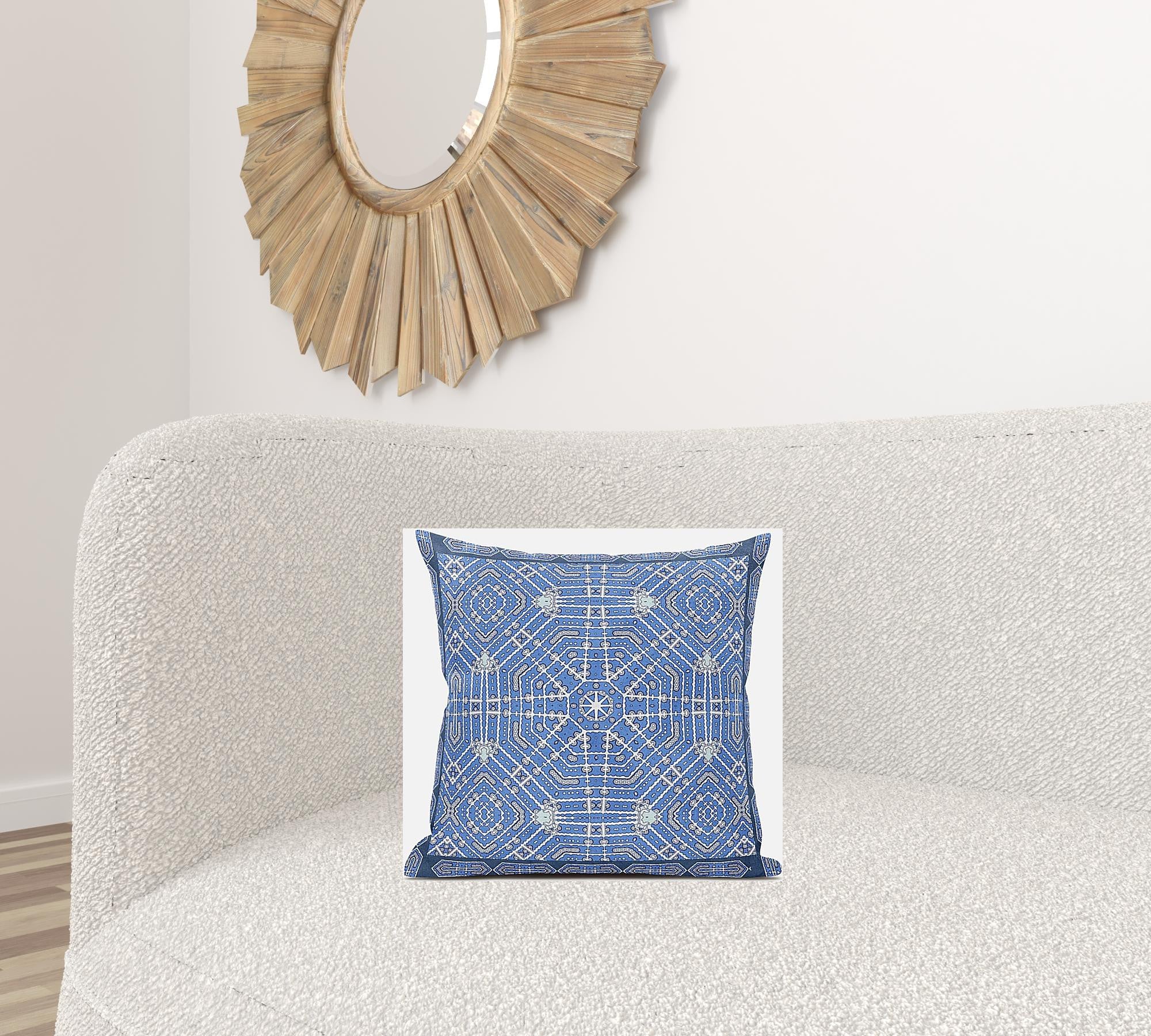 16” Blue White Geostar Zippered Suede Throw Pillow