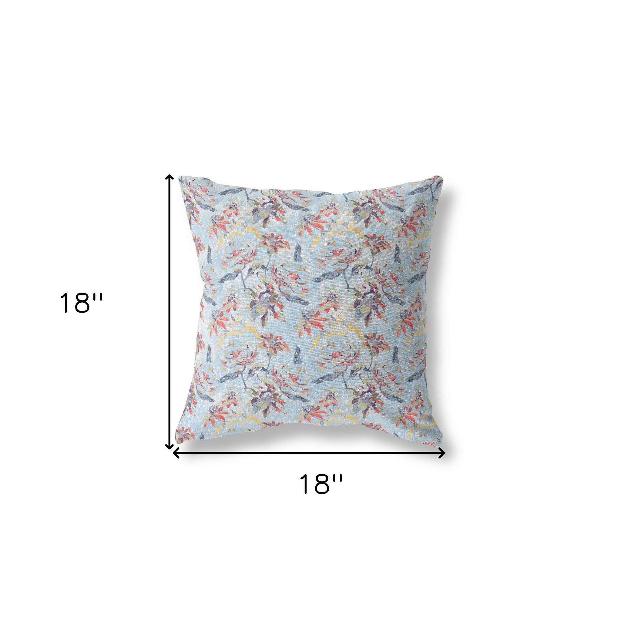 18” Sky Blue Red Roses Indoor Outdoor Throw Pillow