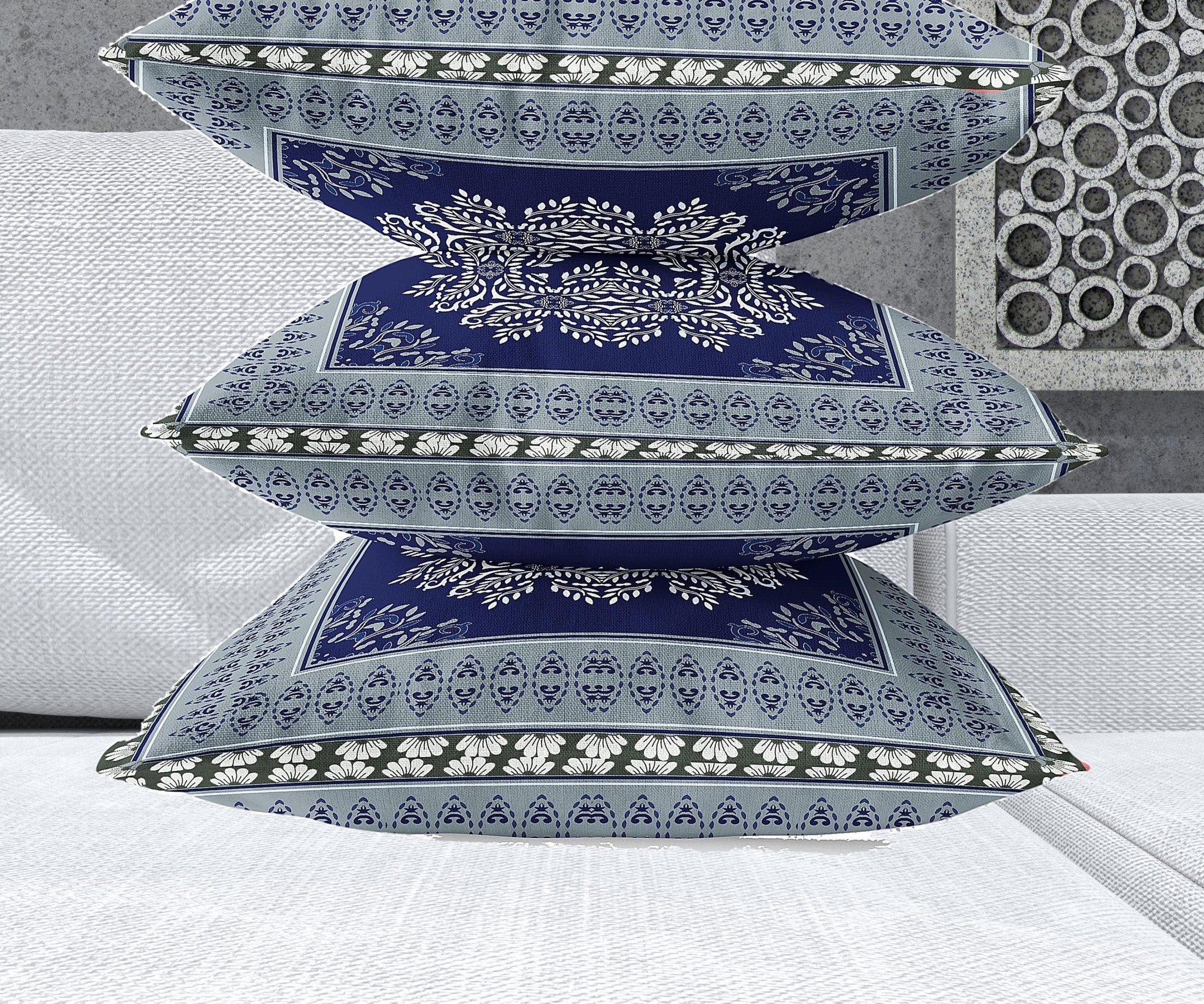 18" X 18" Indigo And Green Blown Seam Damask Indoor Outdoor Throw Pillow