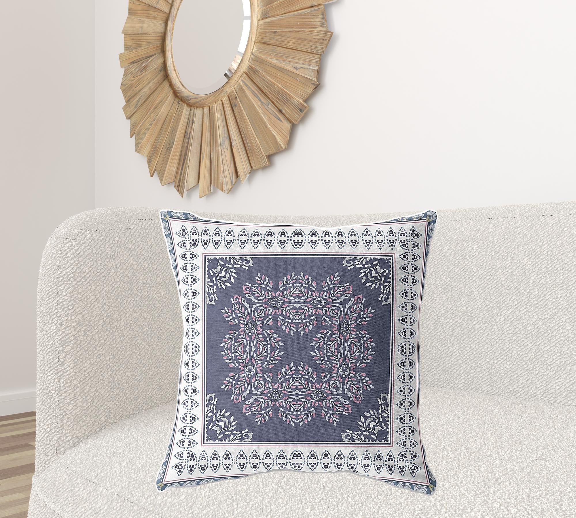 18" X 18" Dark Blue And White Blown Seam Damask Indoor Outdoor Throw Pillow