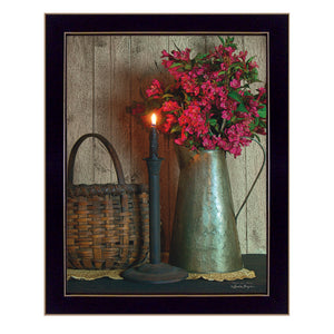 Basket And Blossoms Black Framed Print Wall Art