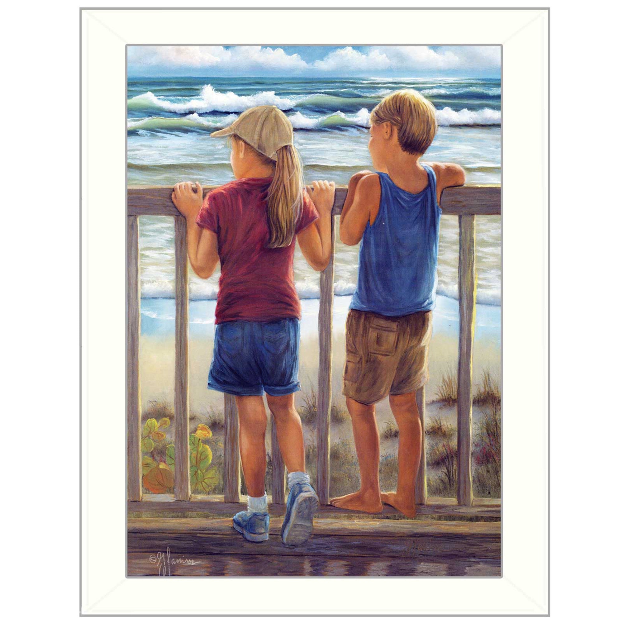 Looking Over The Rail White Framed Print Wall Art