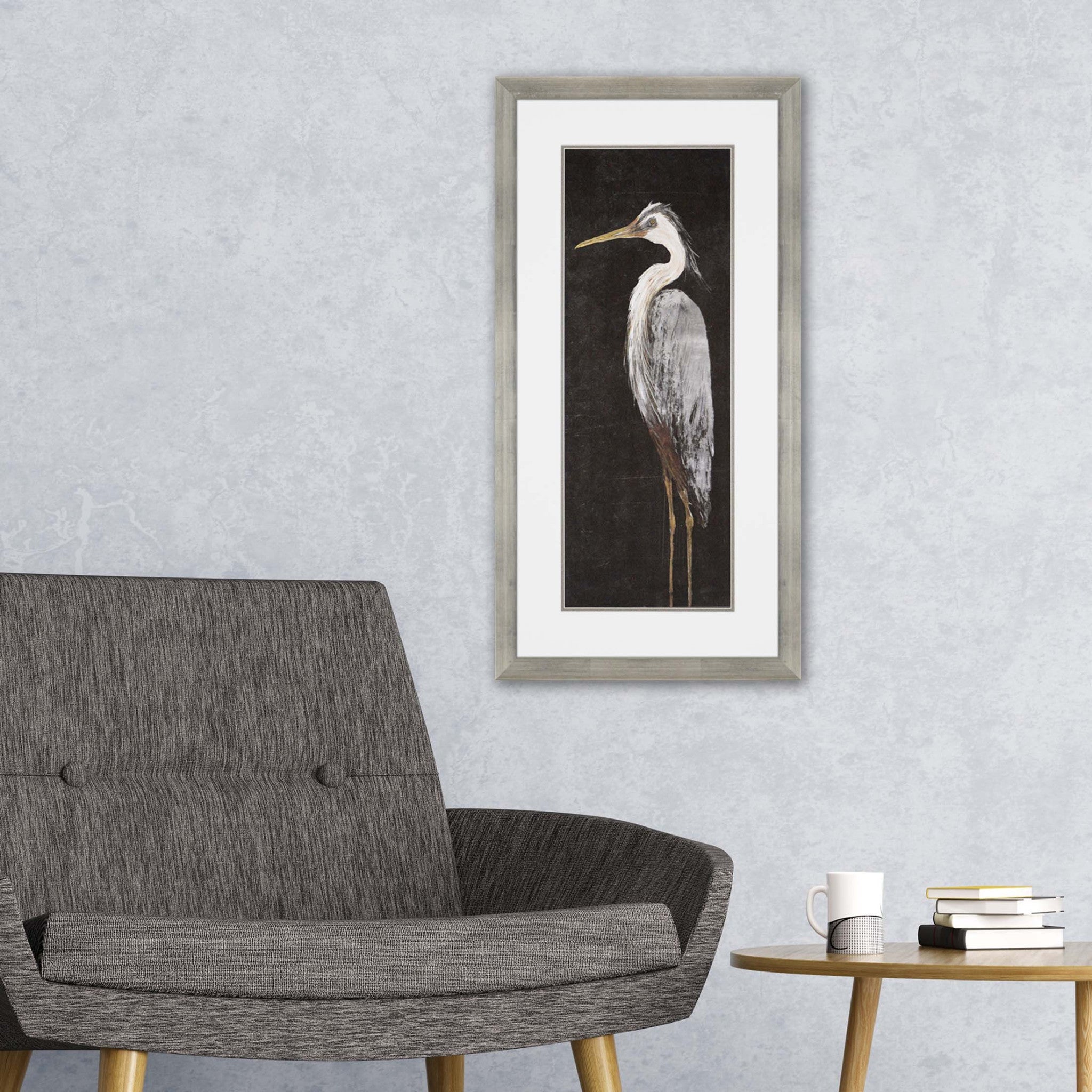 Heron On Black I Framed Art Silver Picture Frame Print Wall Art