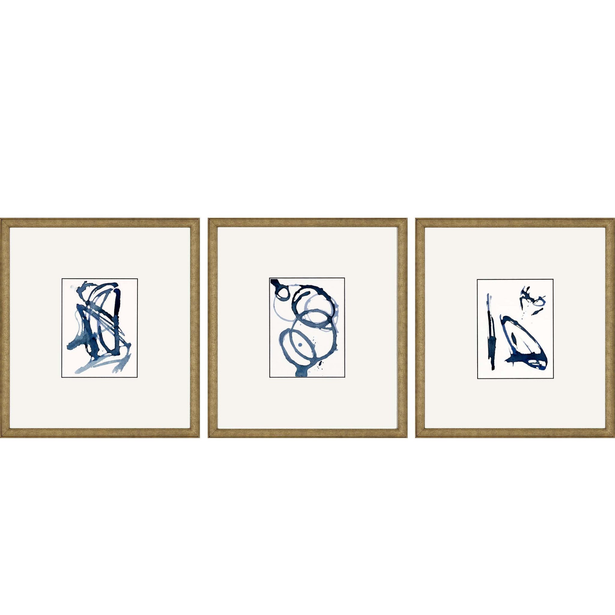 Set Of Three Blue Abstract Gold Frame Print Wall Art