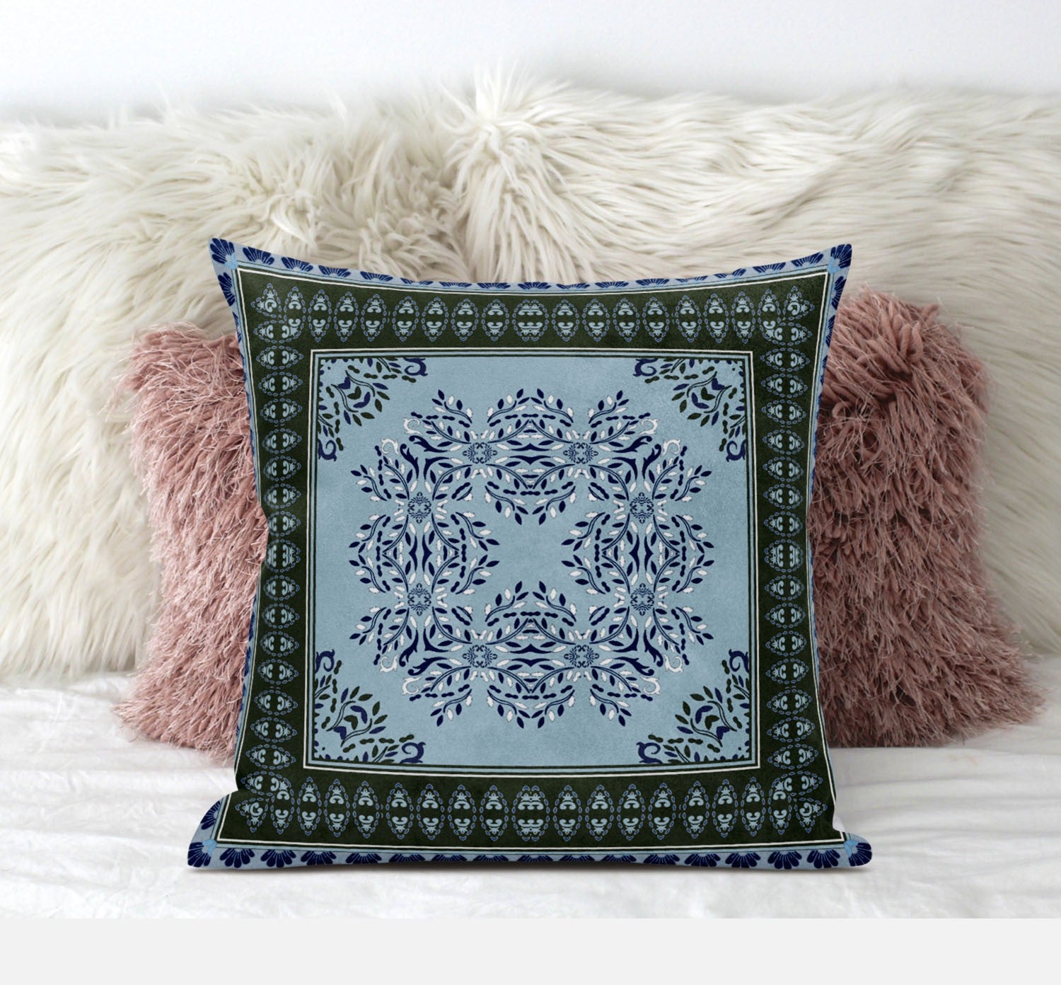 20" X 20" Dark Green Light Blue Geometric Blown Seam Suede Throw Pillow