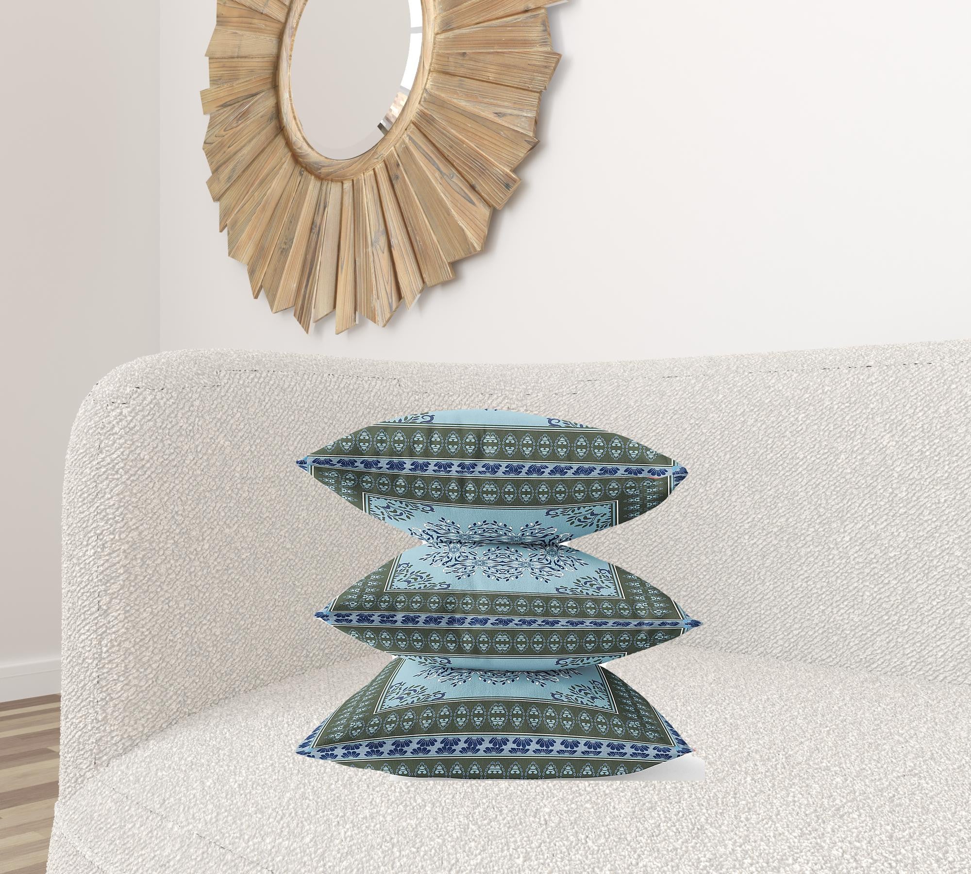 20" X 20" Dark Green Light Blue Geometric Blown Seam Suede Throw Pillow