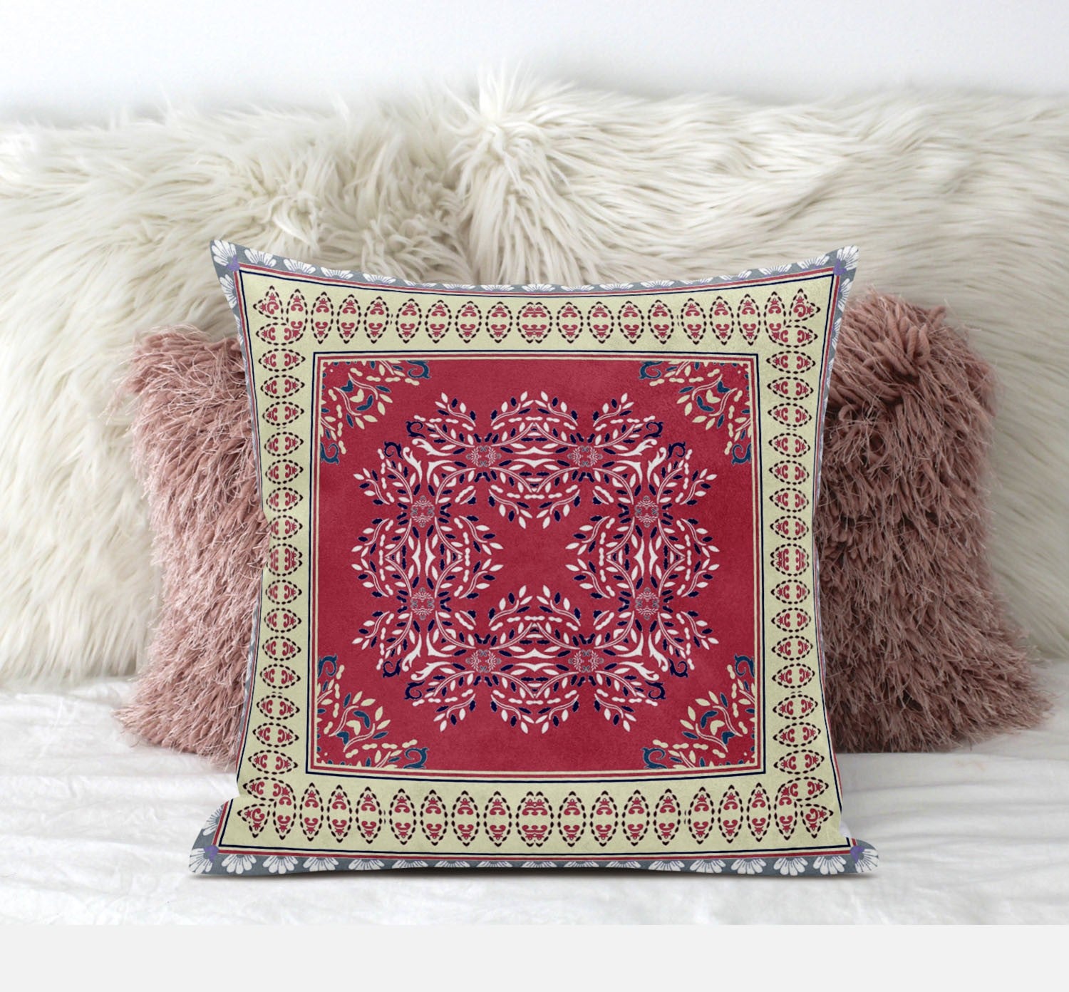 16" X 16" Cream Pink Geometric Blown Seam Suede Throw Pillow