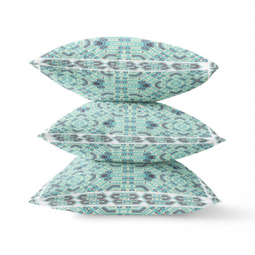 20" X 20" Blue Light Green Geometric Blown Seam Suede Throw Pillow