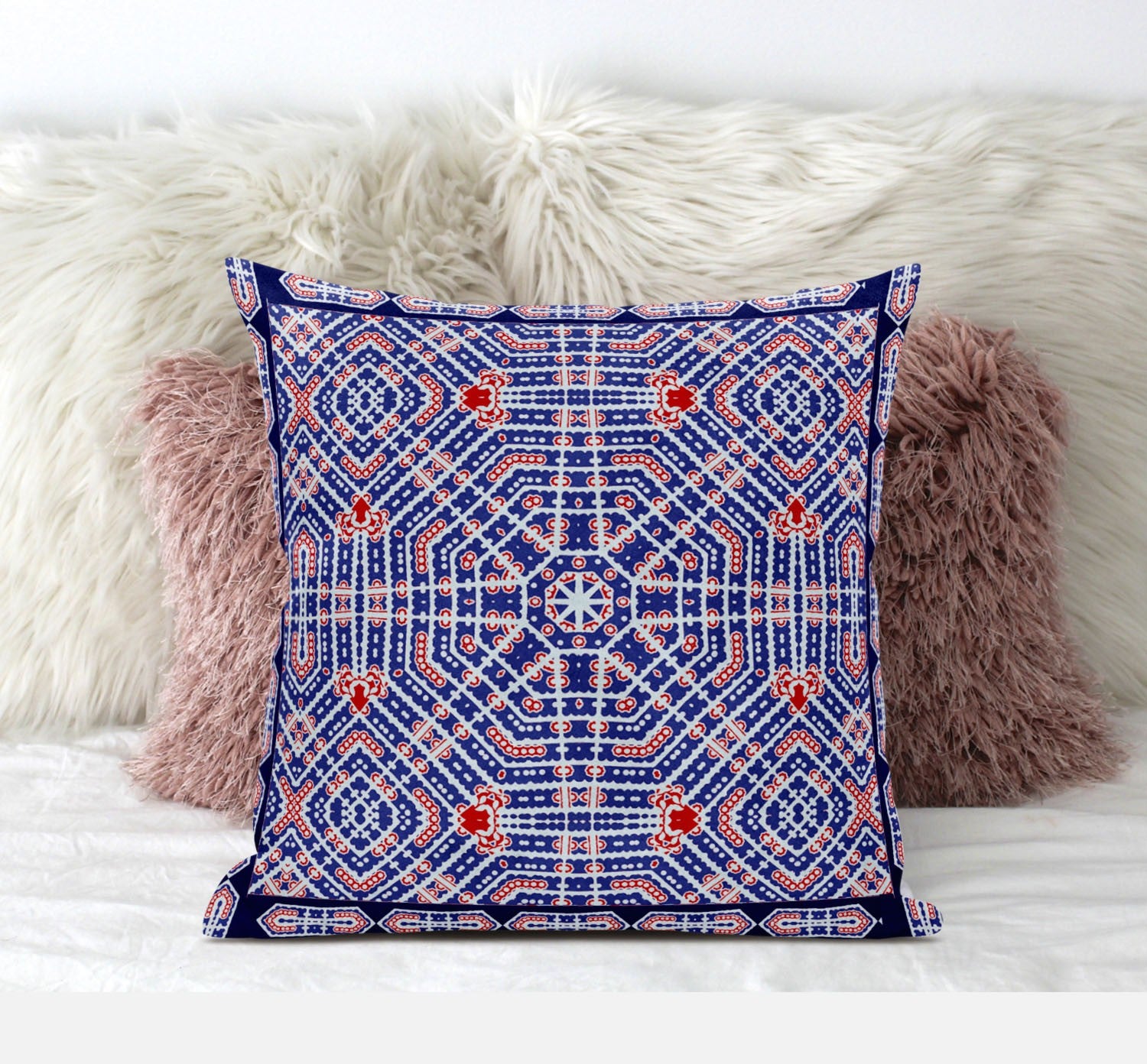 18" X 18" Indigo Red Geometric Blown Seam Suede Throw Pillow