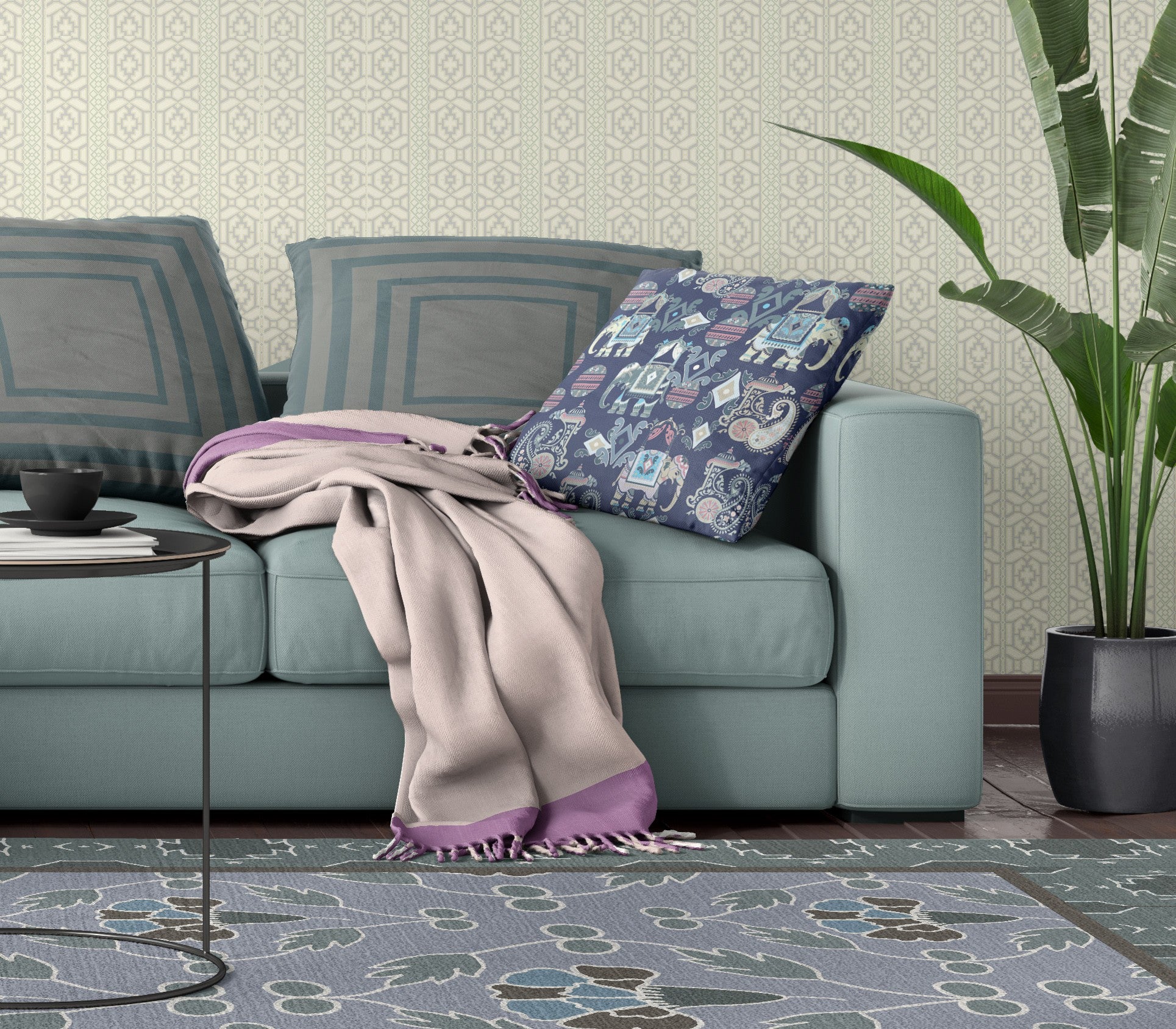 18" X 18" Blue And Gray Paisley Zippered Suede Throw Pillow