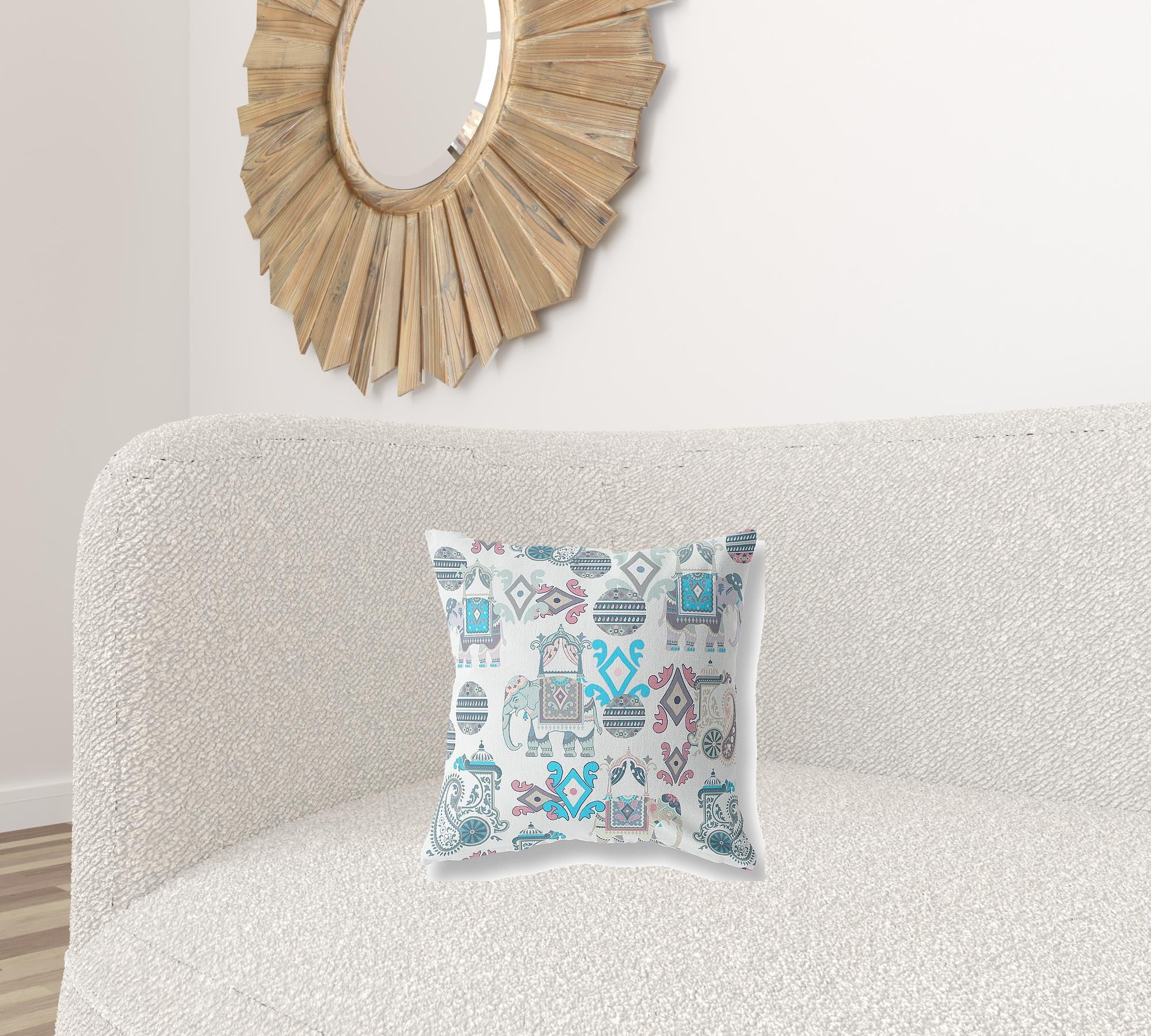 16" X 16" Beige And Blue Paisley Zippered Suede Throw Pillow