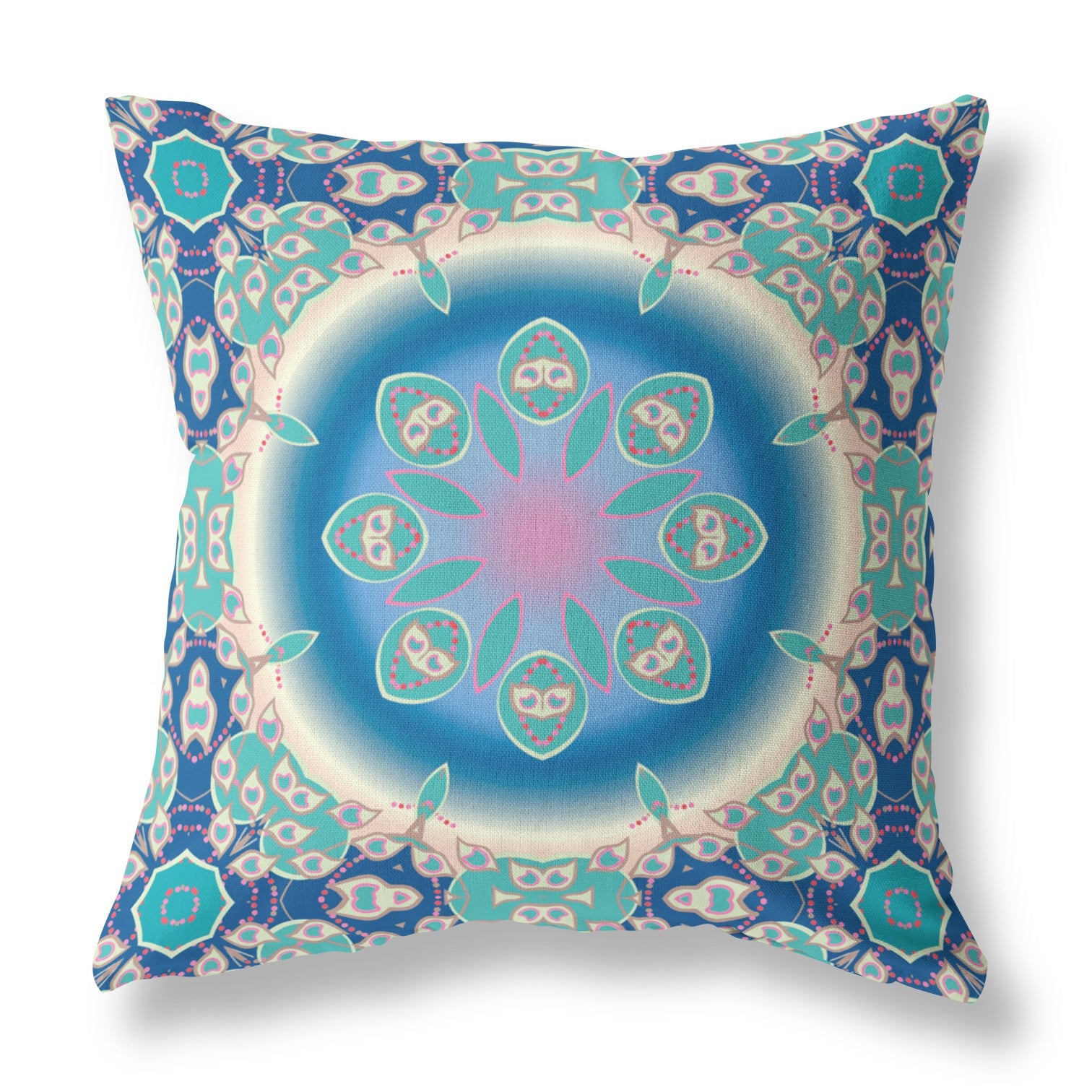16" X 16" Blue And Turquoise Geometric Zippered Suede Throw Pillow
