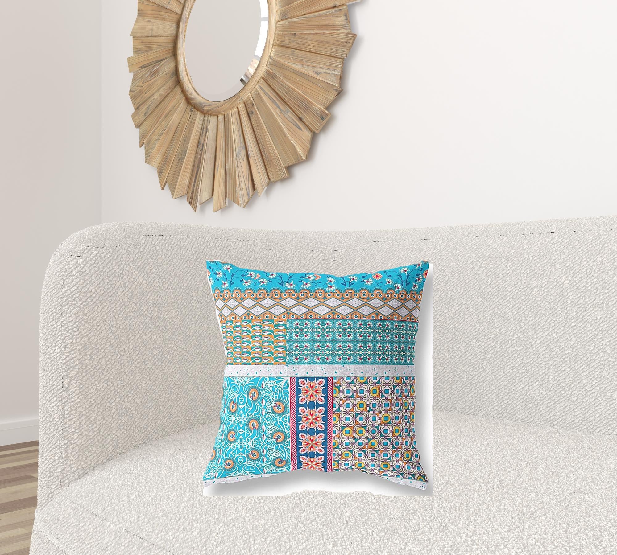 18” Turquoise White Patch Zippered Suede Throw Pillow