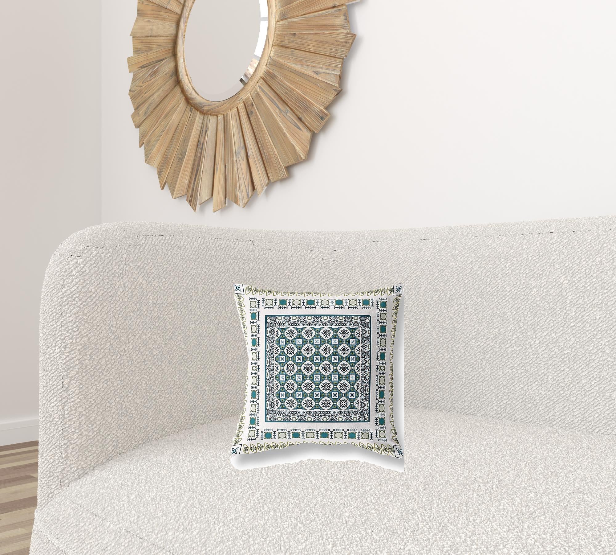 16" X 16" White And Green Floral Zippered Suede Throw Pillow