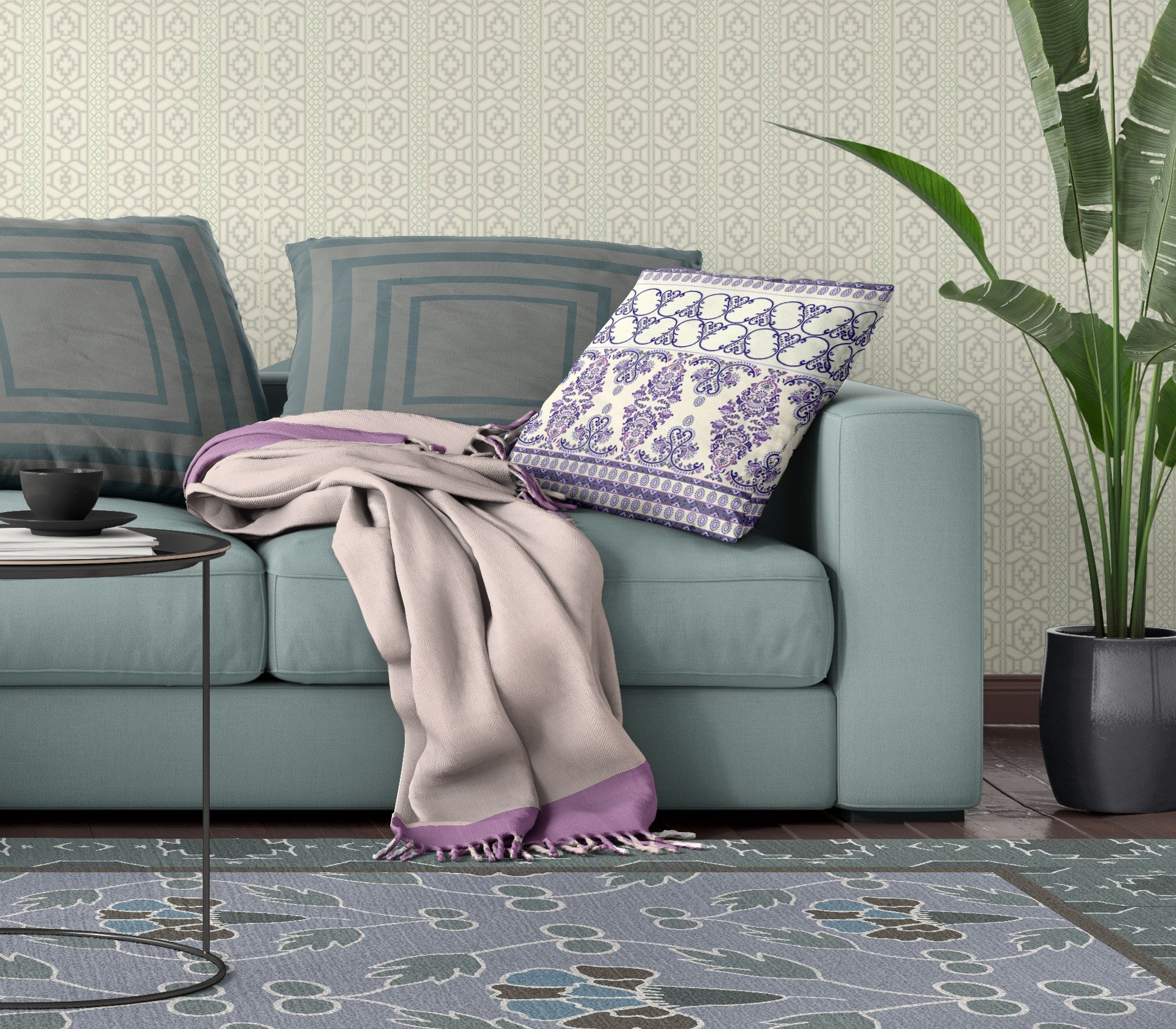 20" X 20" White And Purple Stencil Zippered Suede Throw Pillow