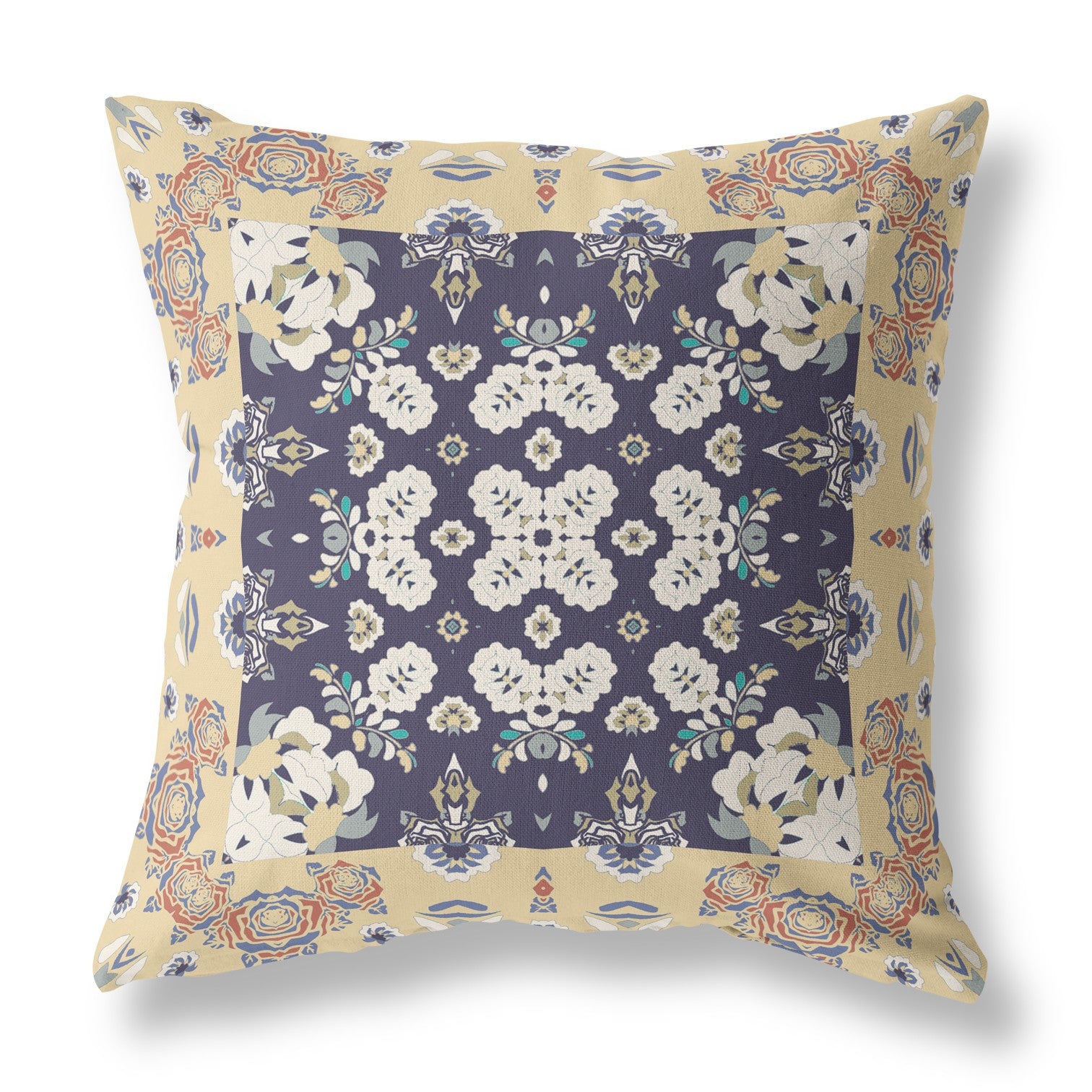 16" X 16" Yellow And Navy Floral Zippered Suede Throw Pillow