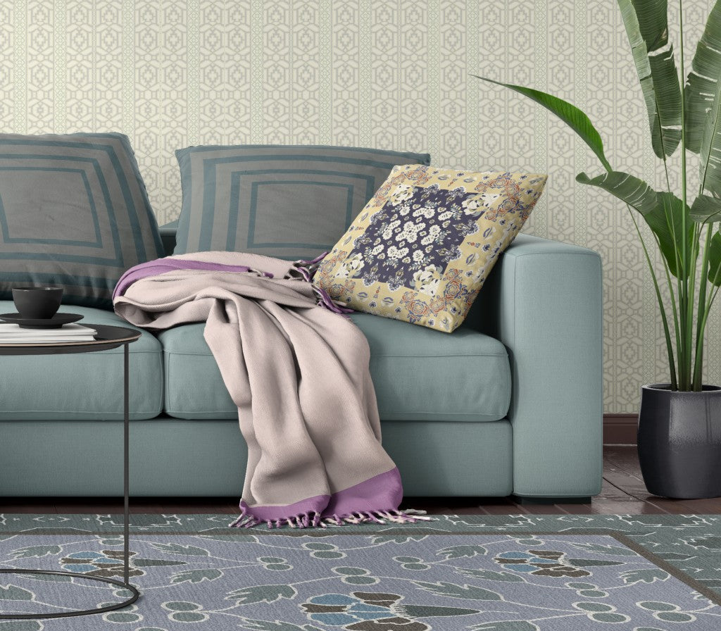 16" X 16" Yellow And Navy Floral Zippered Suede Throw Pillow