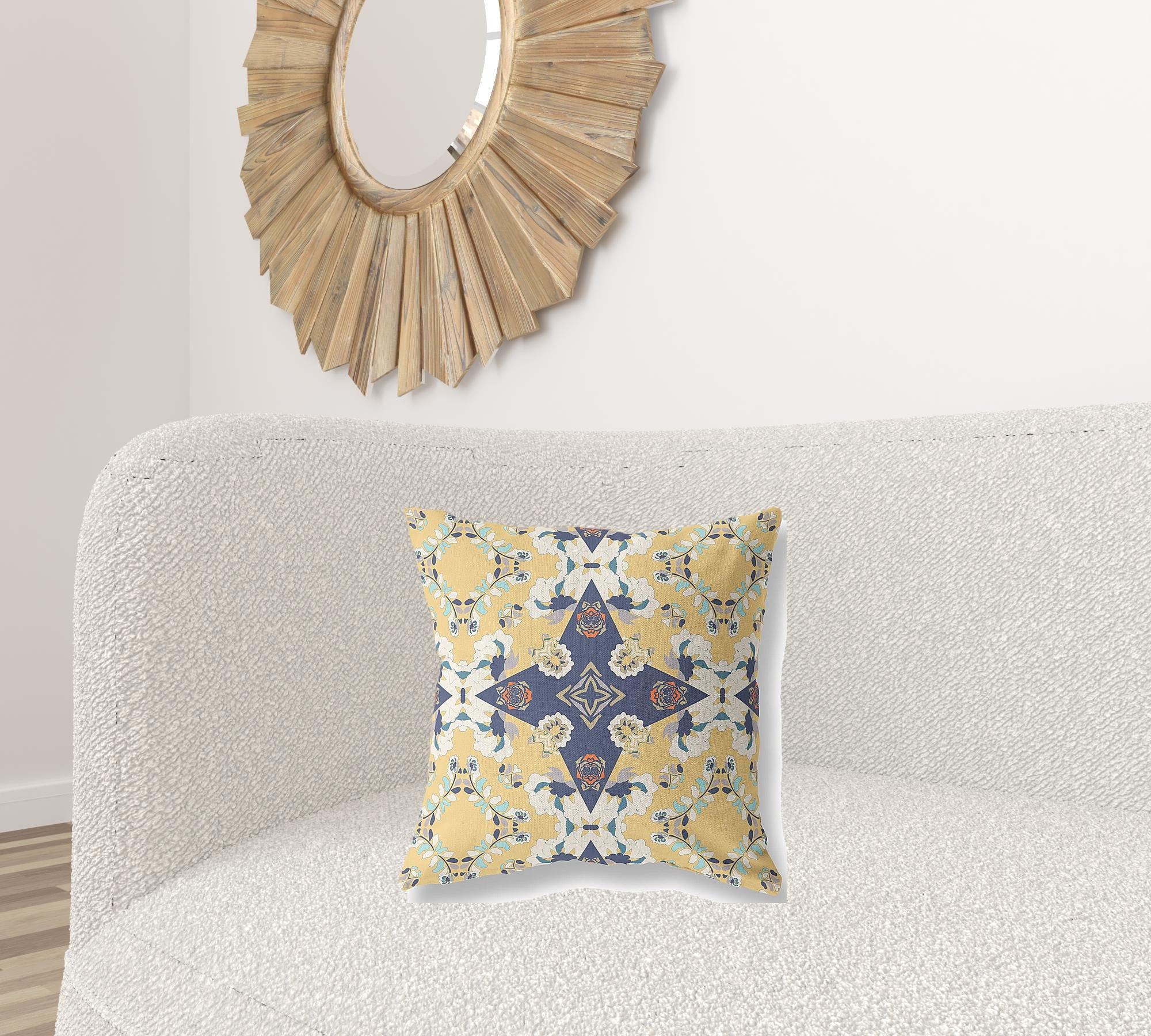 18" X 18" Yellow And Blue Floral Zippered Suede Throw Pillow