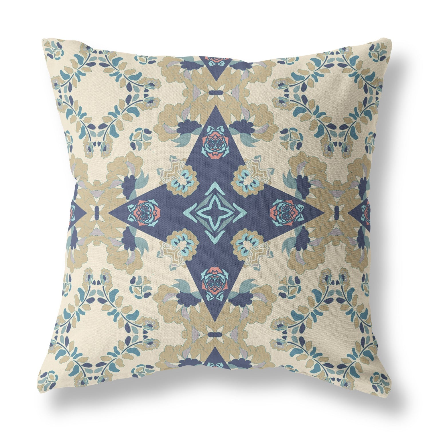 20" X 20" Cream And Blue Floral Zippered Suede Throw Pillow