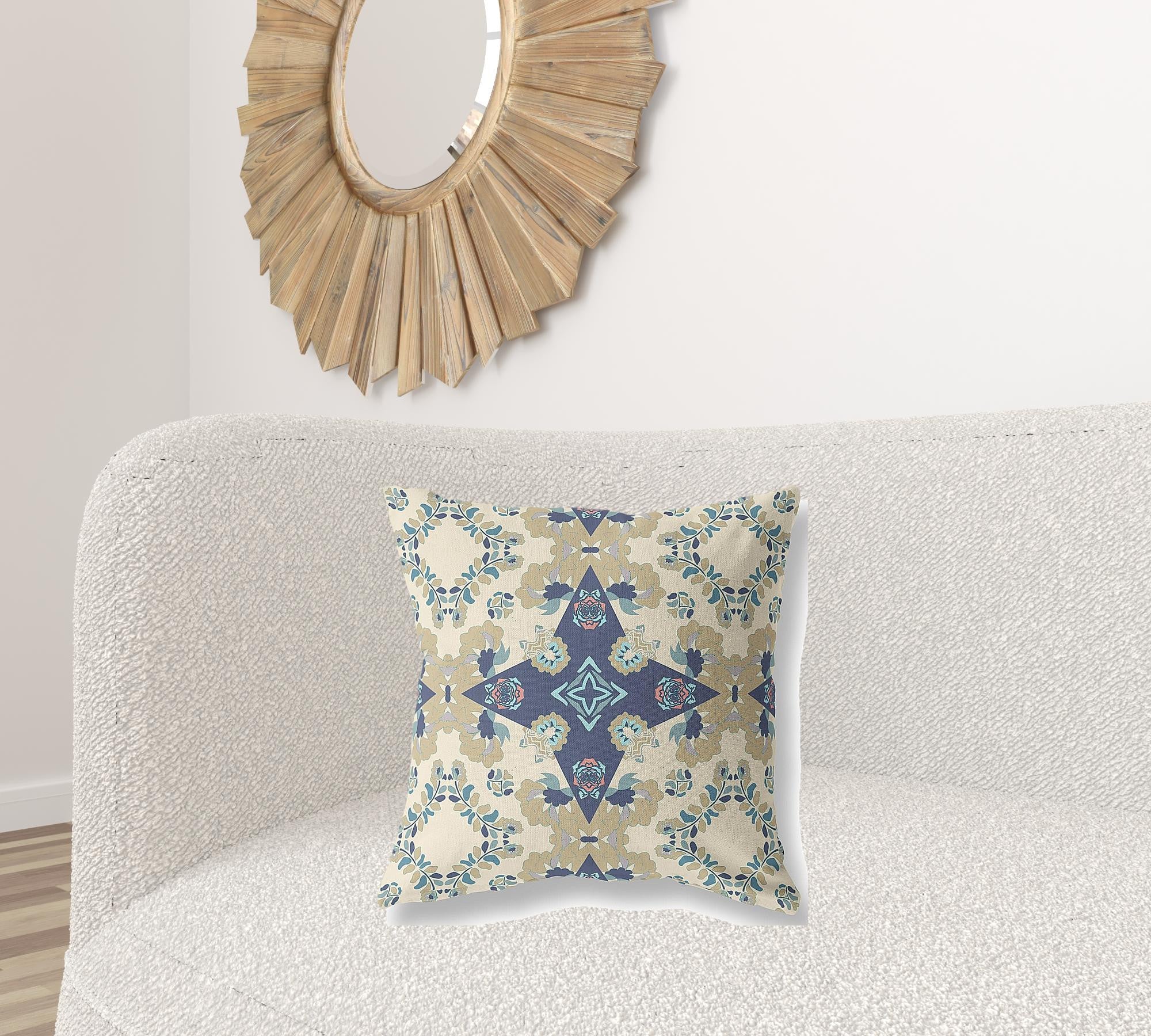 20" X 20" Cream And Blue Floral Zippered Suede Throw Pillow
