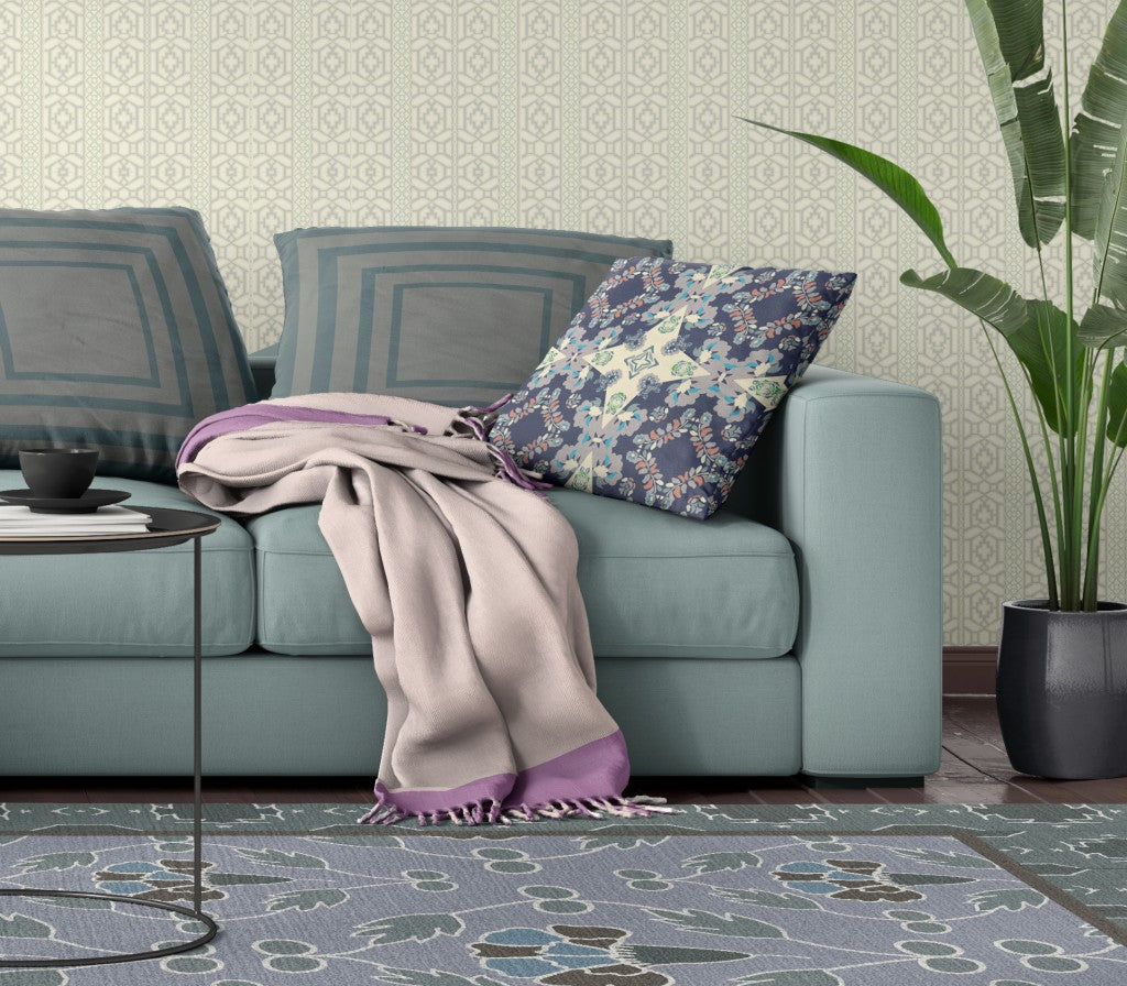 18" X 18" Blue And Off White Floral Zippered Suede Throw Pillow