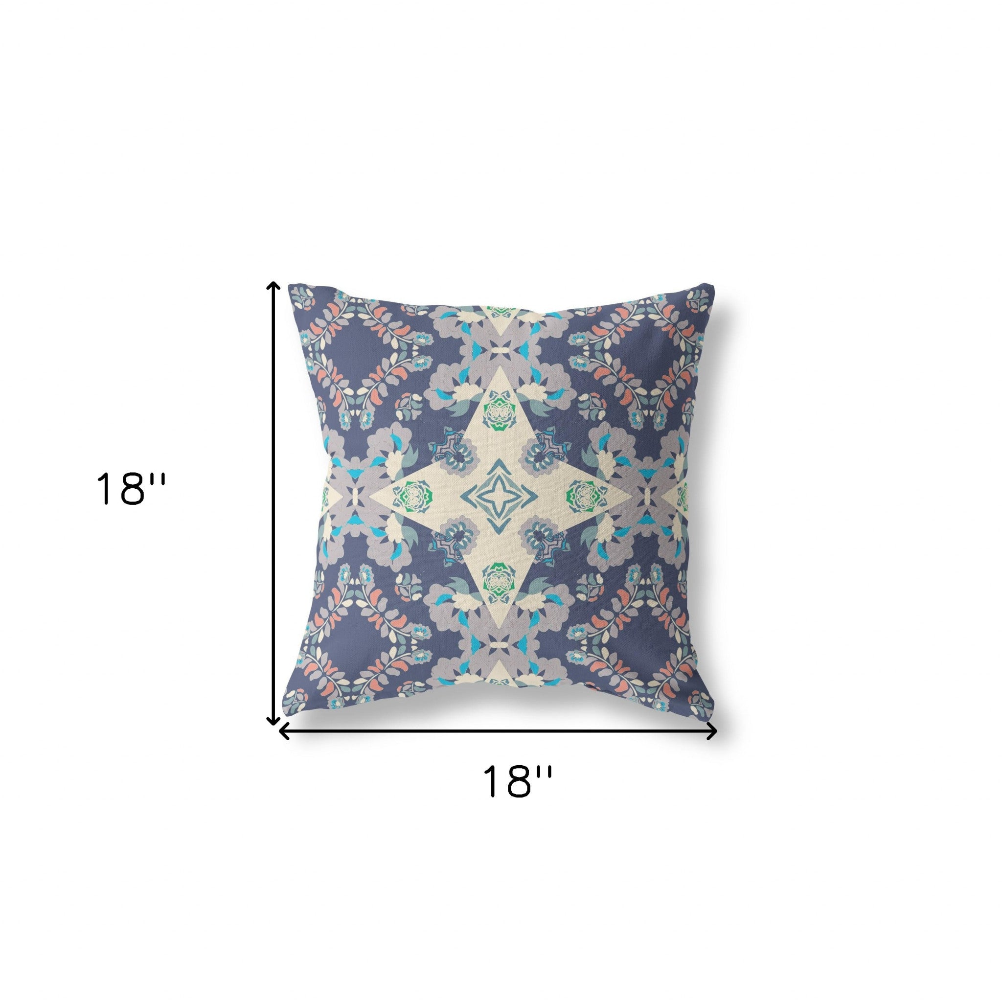 18" X 18" Blue And Off White Floral Zippered Suede Throw Pillow