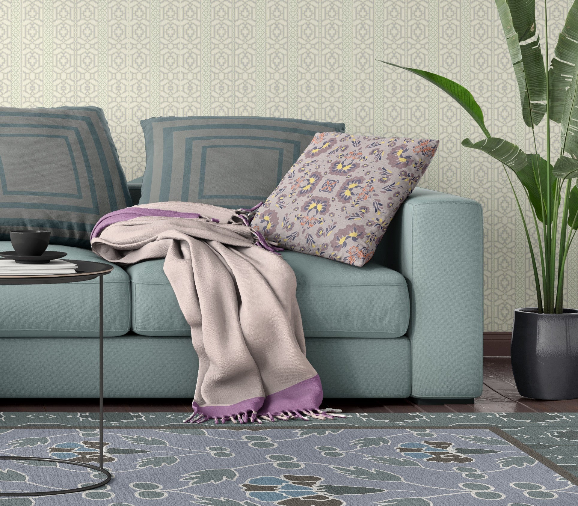 20" X 20" Muted Purple And Yellow Floral Zippered Suede Throw Pillow