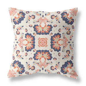 20" X 20" Off White And Blue Floral Zippered Suede Throw Pillow