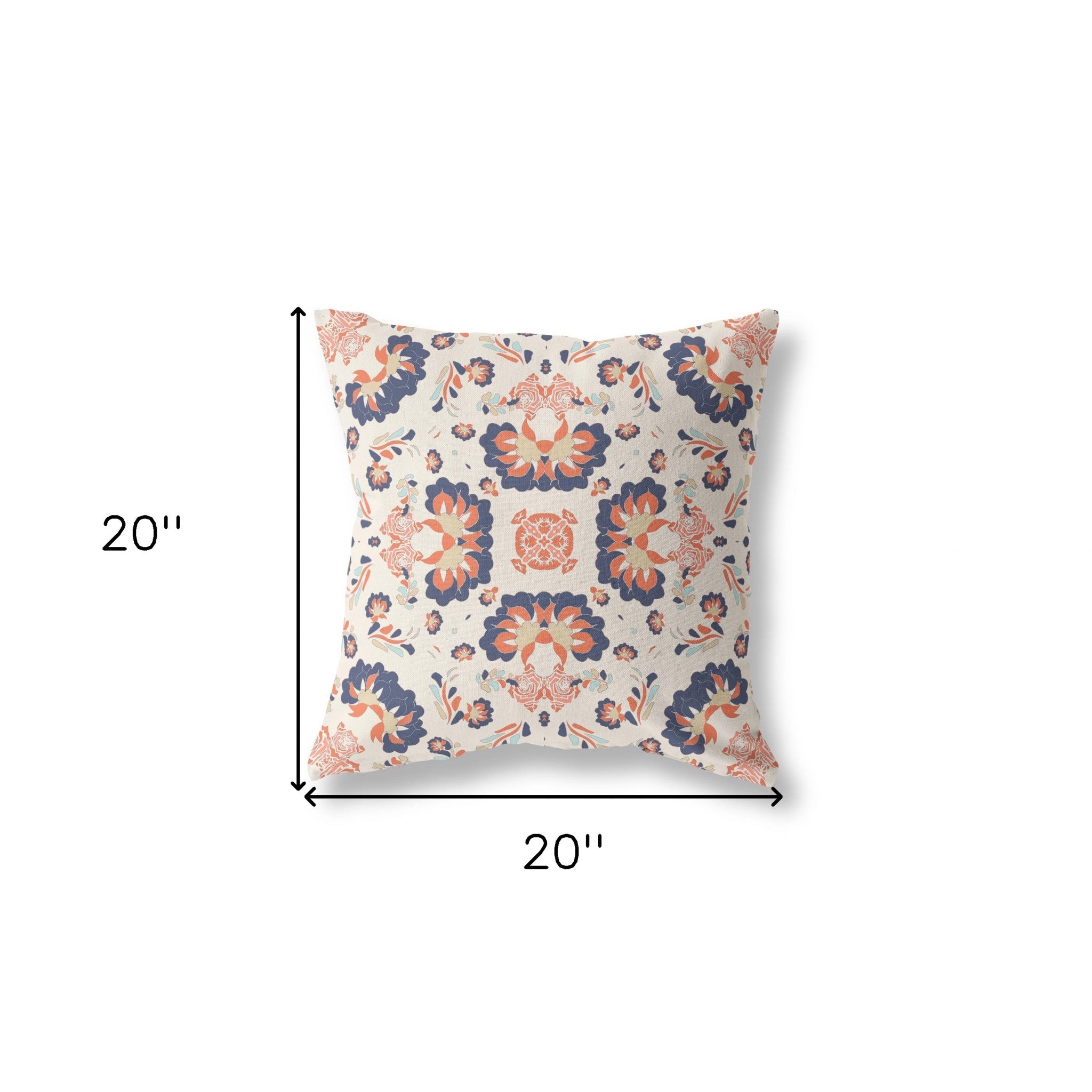 20" X 20" Off White And Blue Floral Zippered Suede Throw Pillow